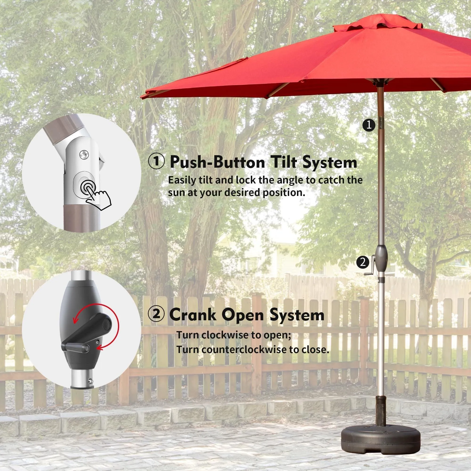 10FT Brick Red Patio Umbrella, Push-Button Tilt & Crank, UV Protection, Waterproof, 8 Ribs