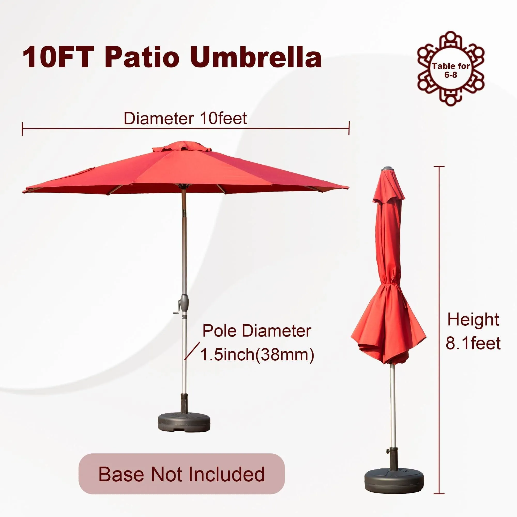 10FT Brick Red Patio Umbrella, Push-Button Tilt & Crank, UV Protection, Waterproof, 8 Ribs