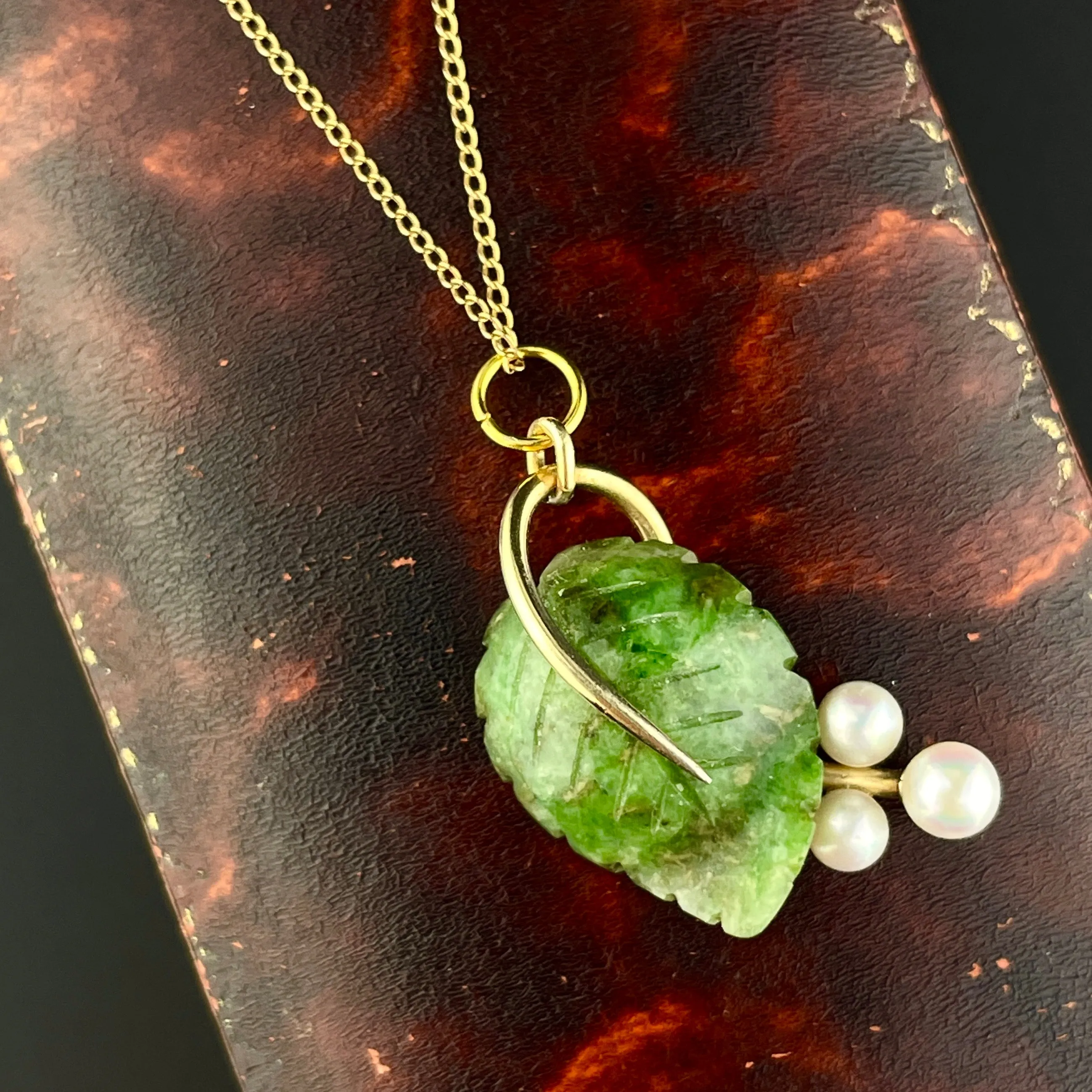 14K Gold Jade Leaf Pearl Flower Charm Pendant Necklace