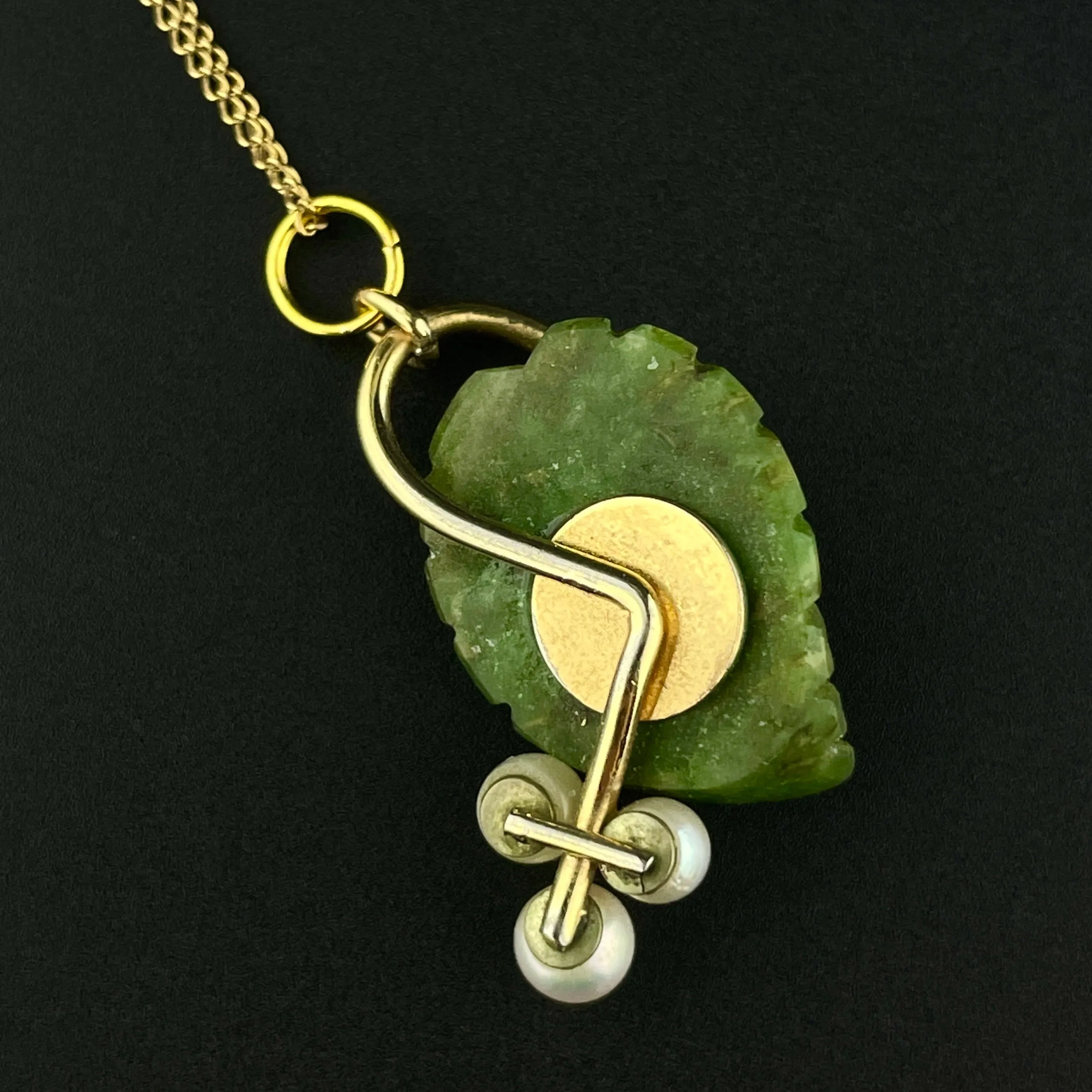 14K Gold Jade Leaf Pearl Flower Charm Pendant Necklace