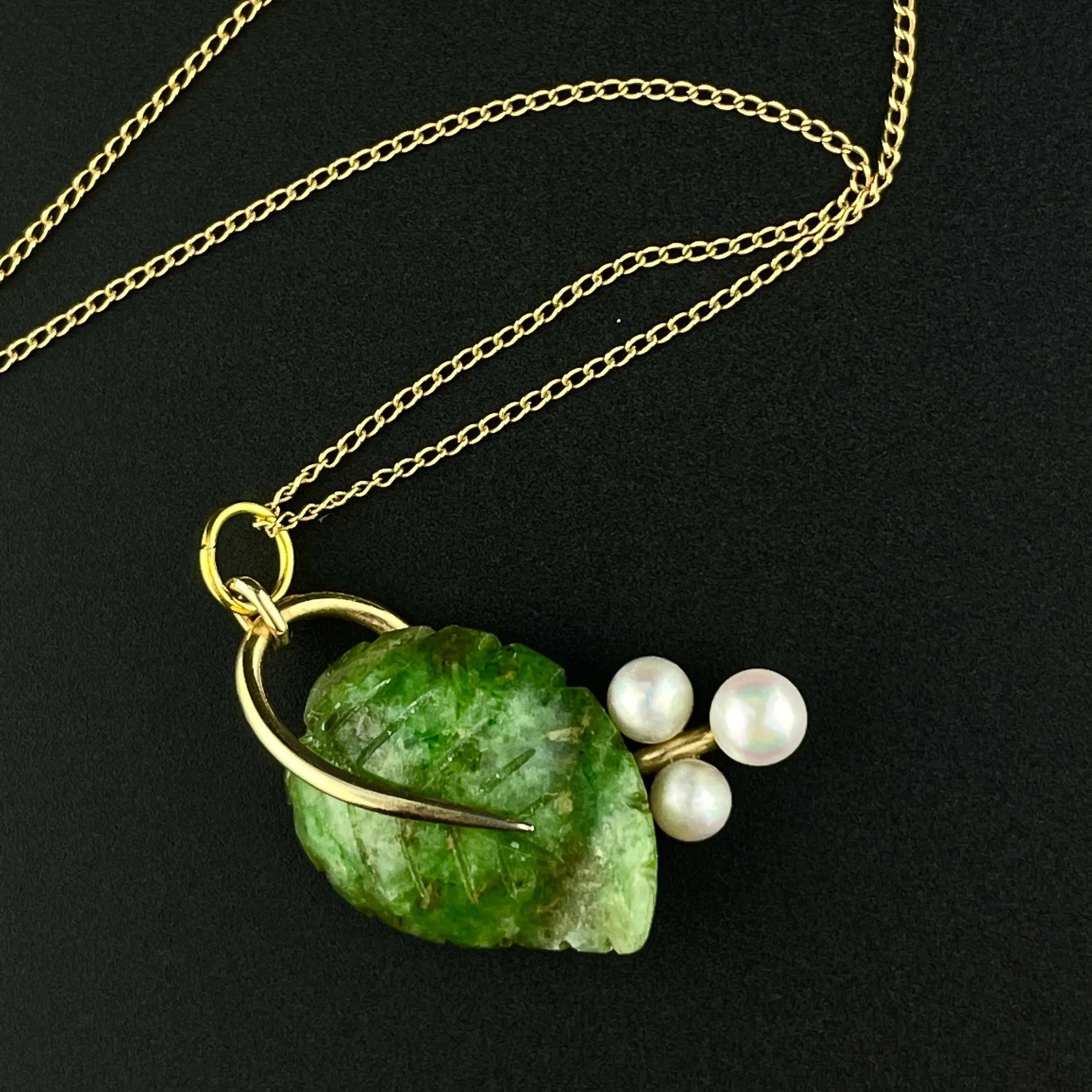 14K Gold Jade Leaf Pearl Flower Charm Pendant Necklace