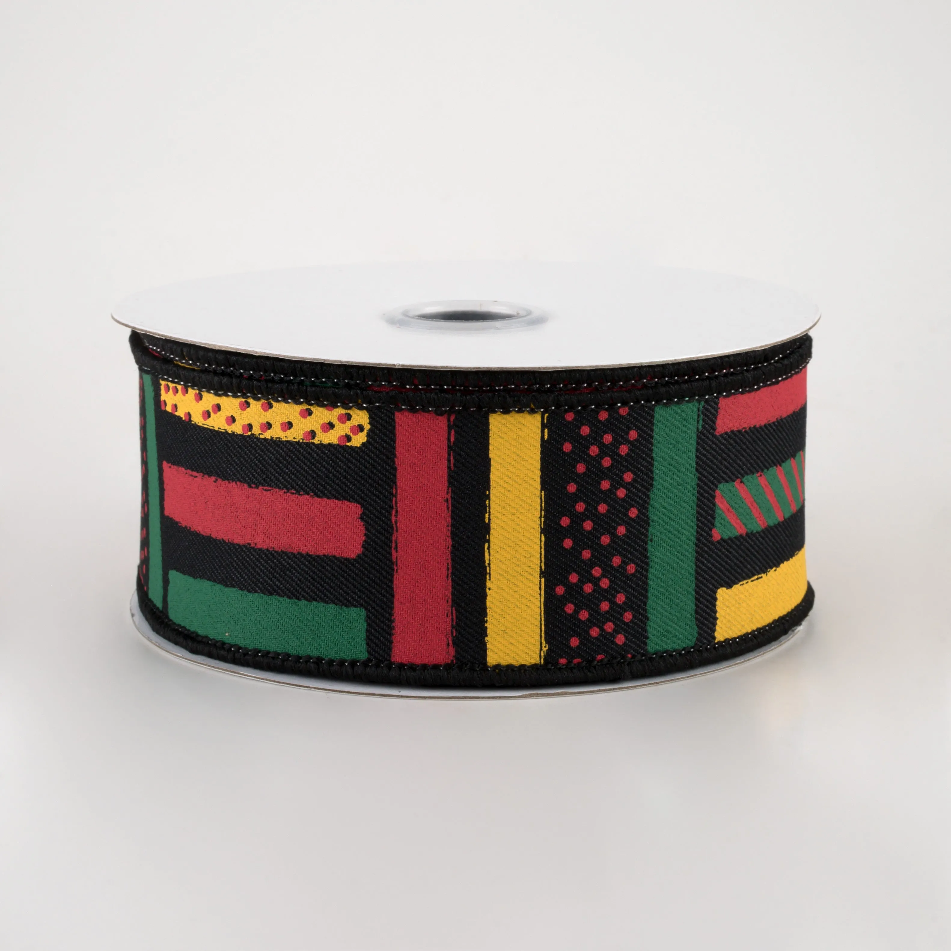 1.5" Brush Stroke Stripes Dots Ribbon: Black, Red, Green, Yellow (10 Yards)