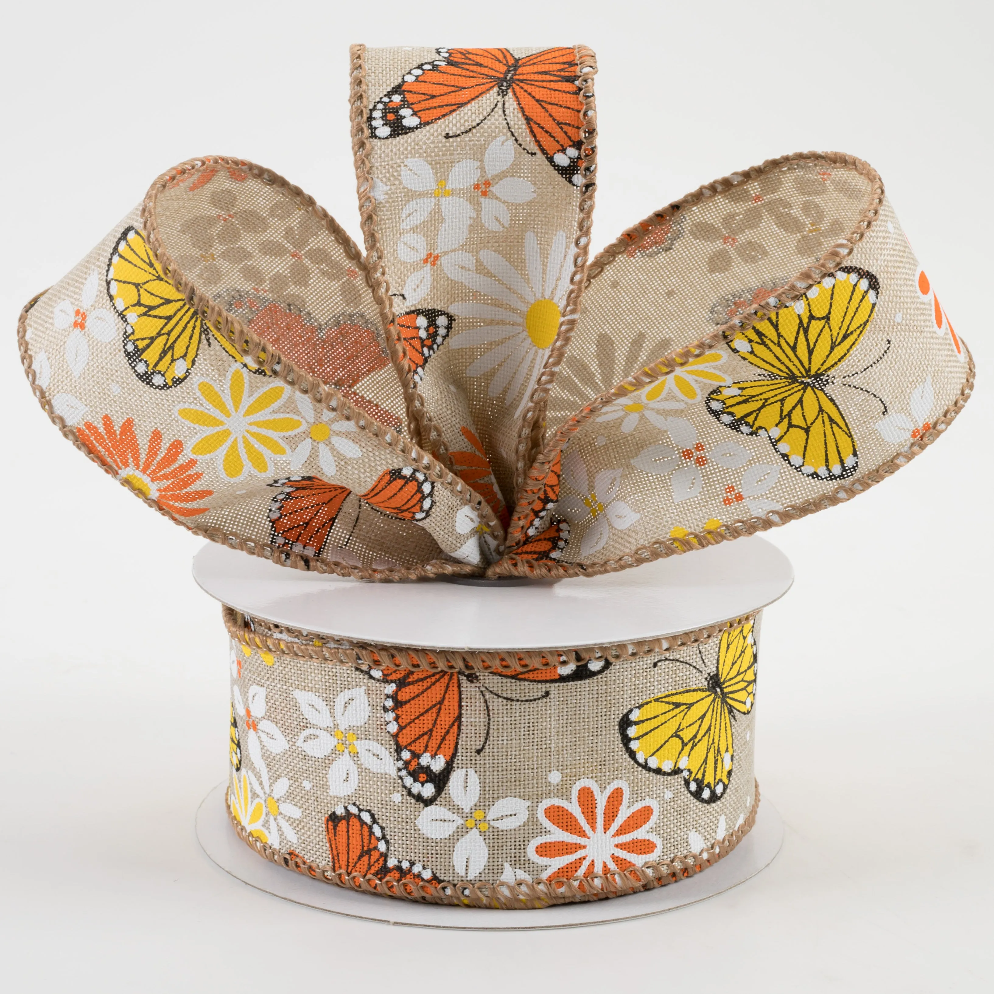 1.5" Butterflies & Flowers Linen Ribbon: Natural (10 Yards)