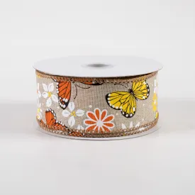 1.5" Butterflies & Flowers Linen Ribbon: Natural (10 Yards)