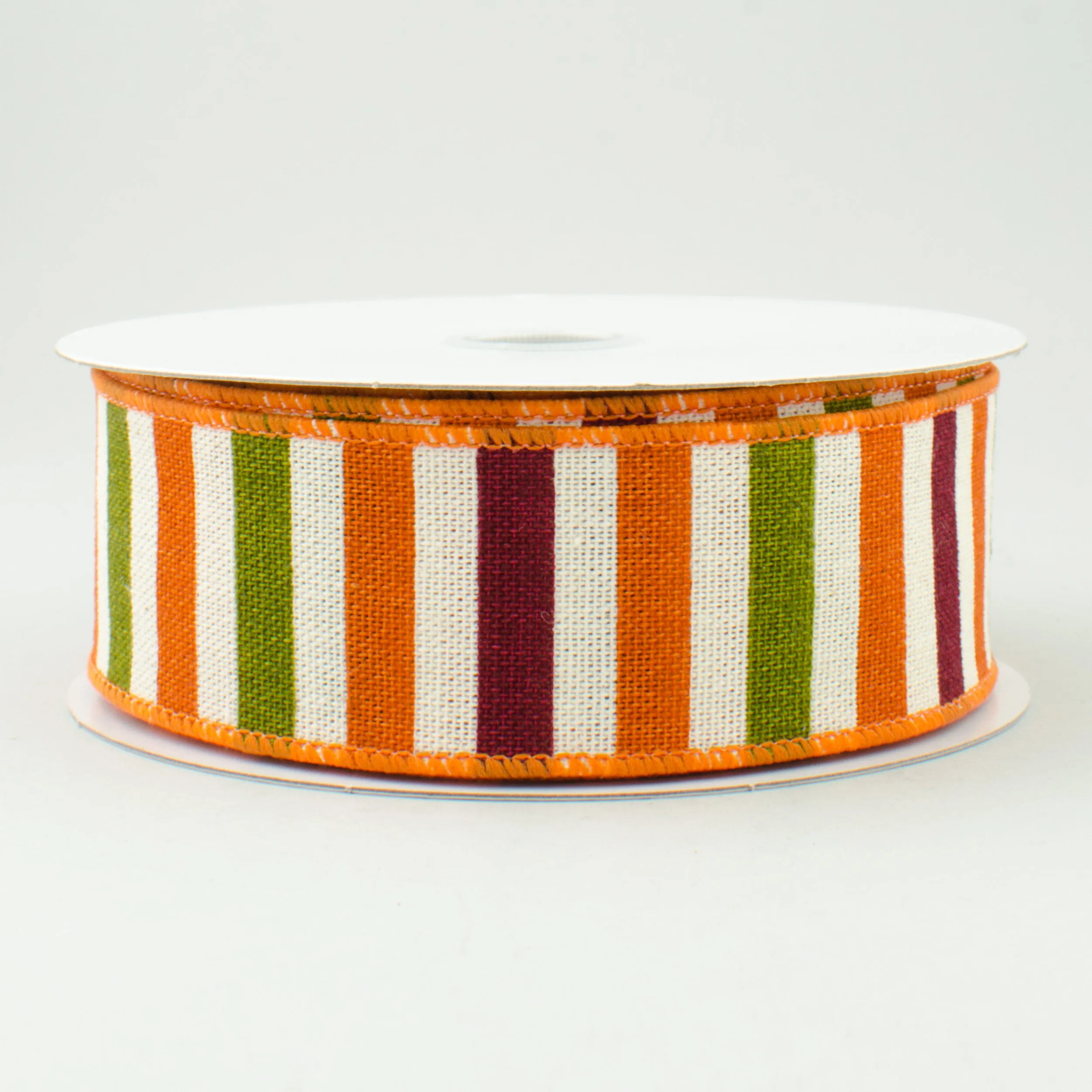 1.5" Canvas Horizontal Stripes Ribbon: Orange, Green, Burgundy (10 Yards)