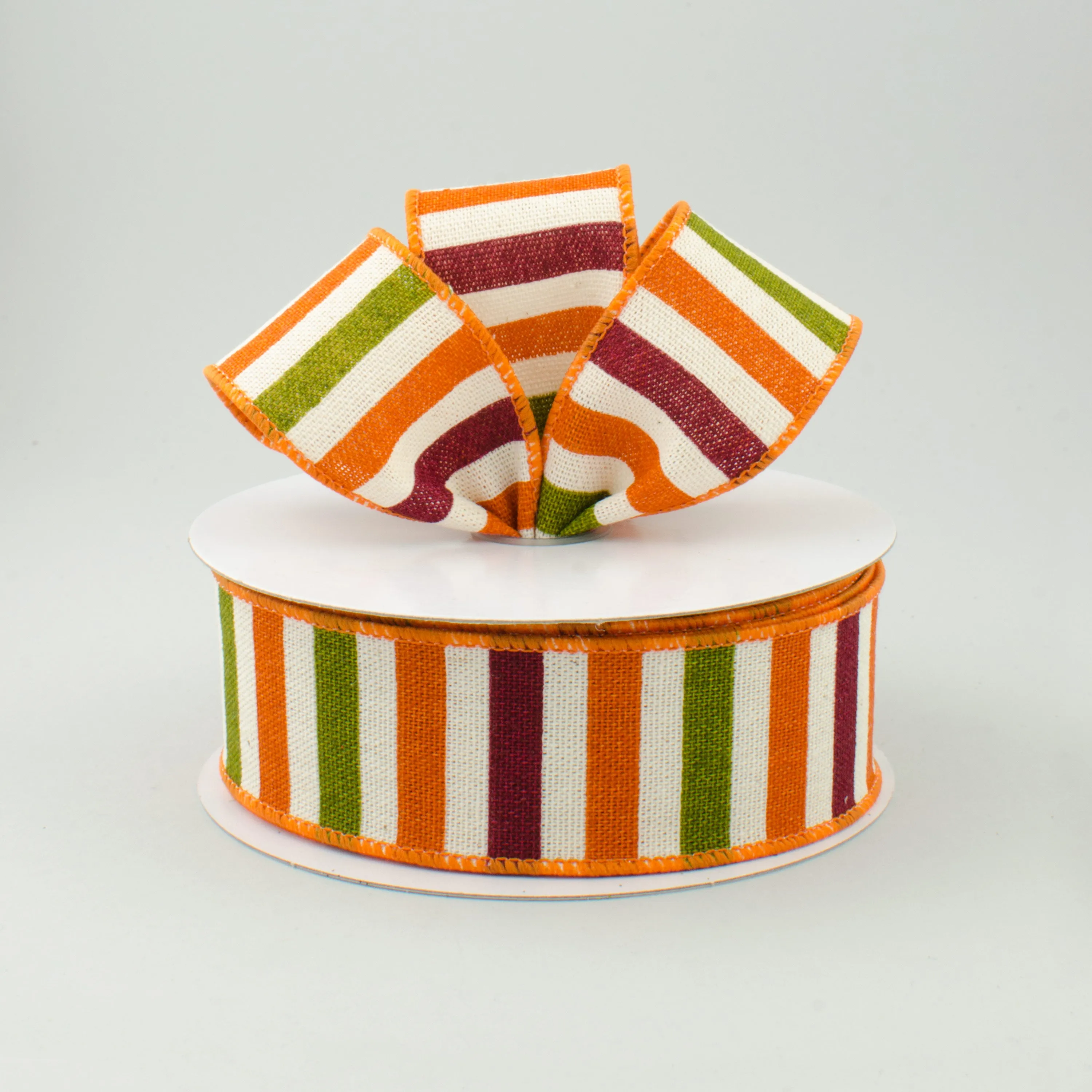 1.5" Canvas Horizontal Stripes Ribbon: Orange, Green, Burgundy (10 Yards)