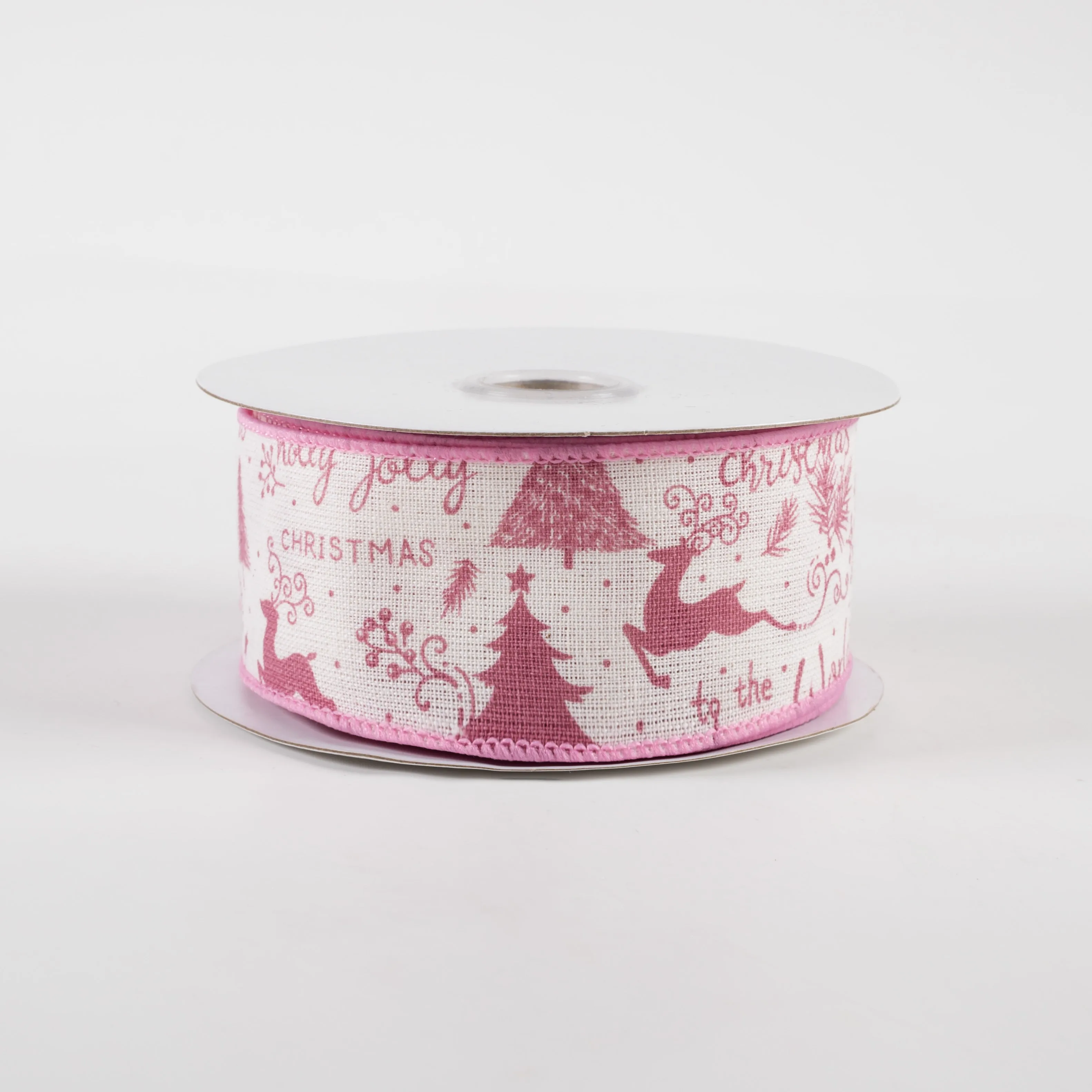 1.5" Christmas Script Icons Canvas Ribbon: Ivory & Mauve (10 Yards)