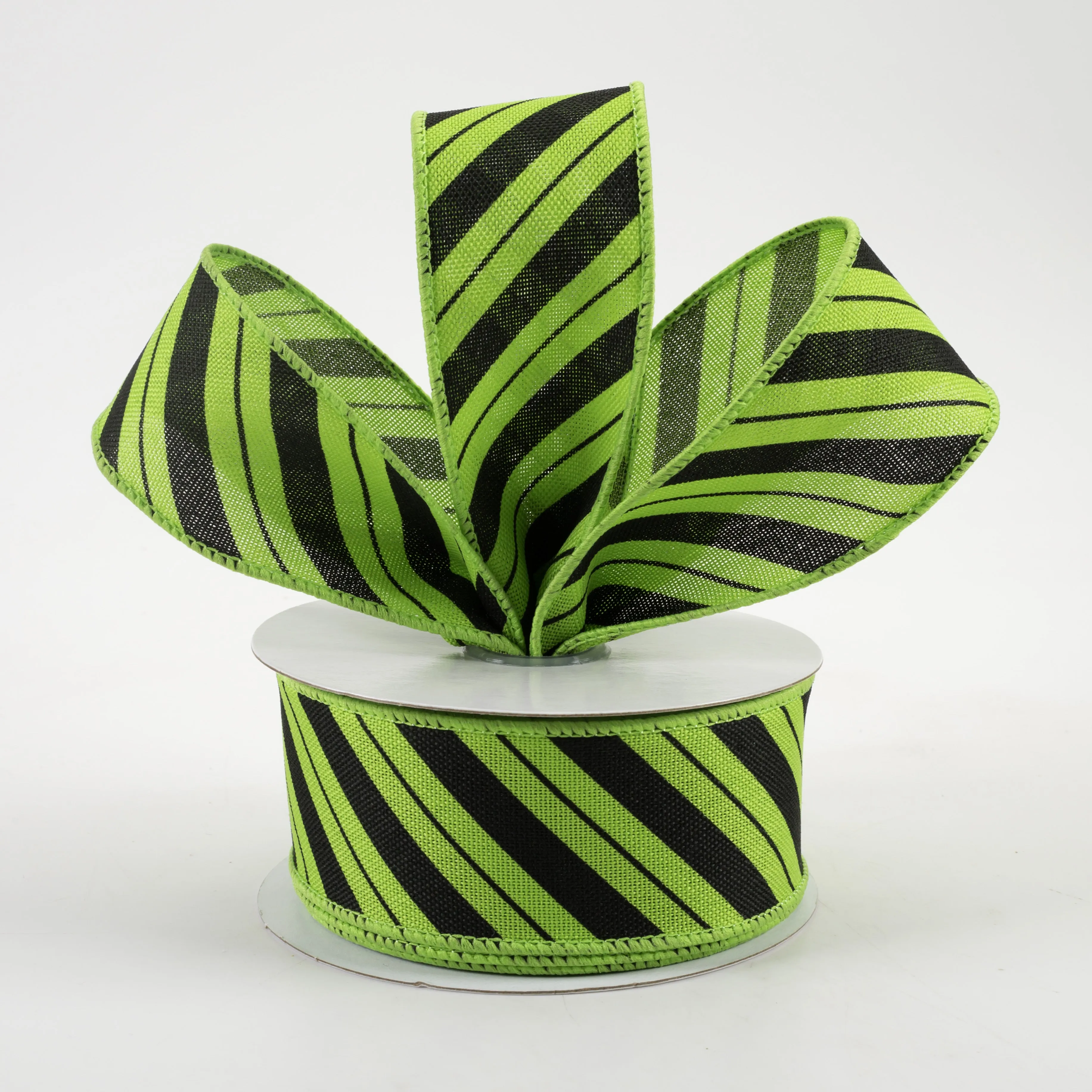 1.5" Diagonal Line Ribbon: Fresh Green & Black (10 Yards)