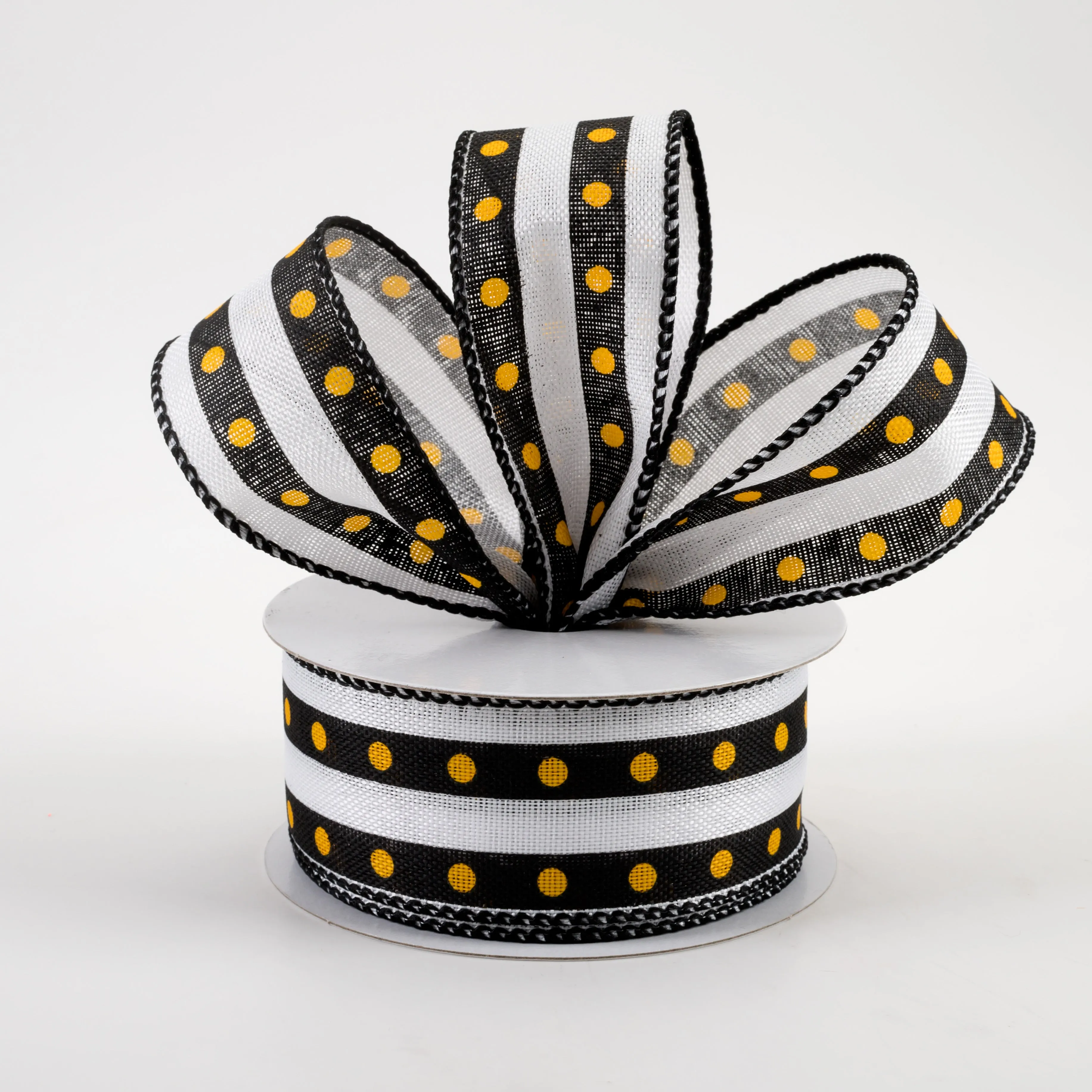 1.5" Dot Stripe Linen Ribbon: Black, White, Yellow (10 Yards)