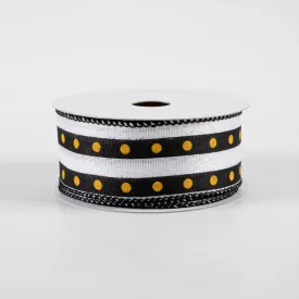 1.5" Dot Stripe Linen Ribbon: Black, White, Yellow (10 Yards)