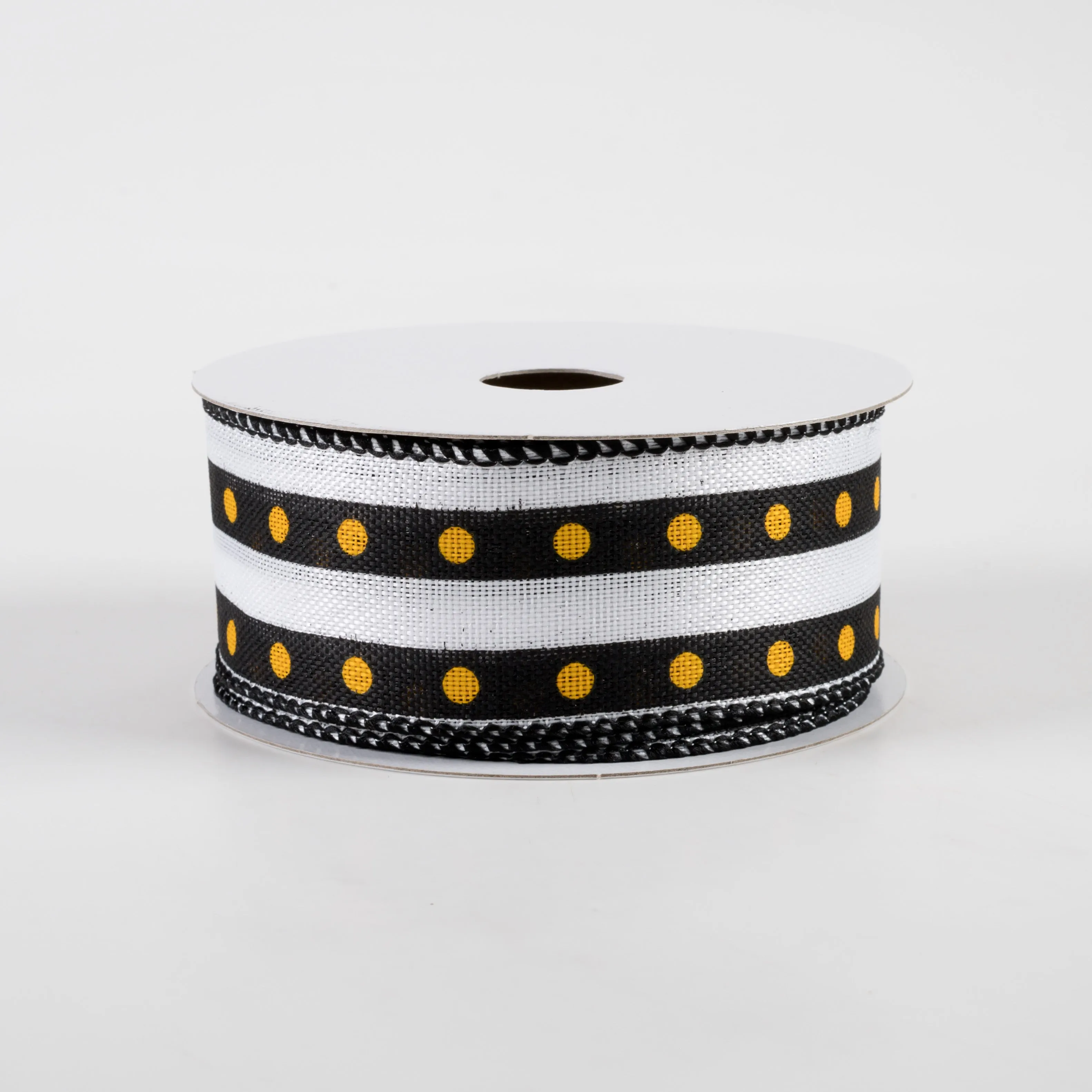 1.5" Dot Stripe Linen Ribbon: Black, White, Yellow (10 Yards)