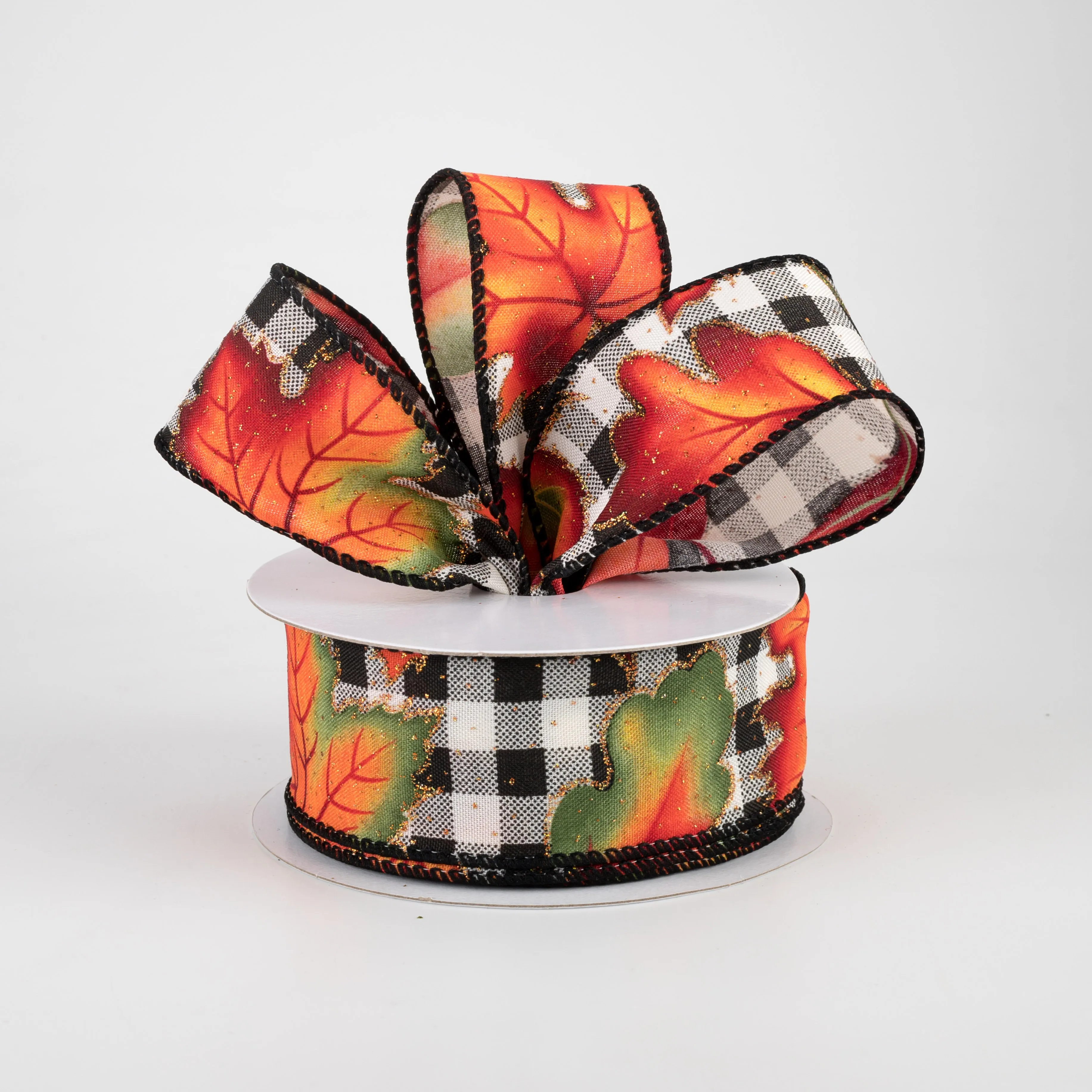 1.5" Fall Leaves On Check Ribbon: Black & Cream (10 Yards)