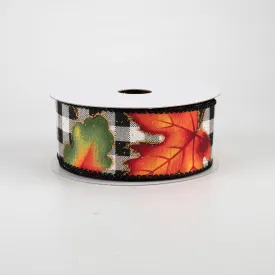 1.5" Fall Leaves On Check Ribbon: Black & Cream (10 Yards)