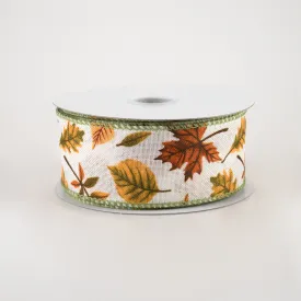 1.5" Falling Leaves Linen Ribbon: Ivory (10 Yards)