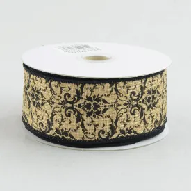 1.5" Faux Burlap Black Damask Print Ribbon (10 Yards)