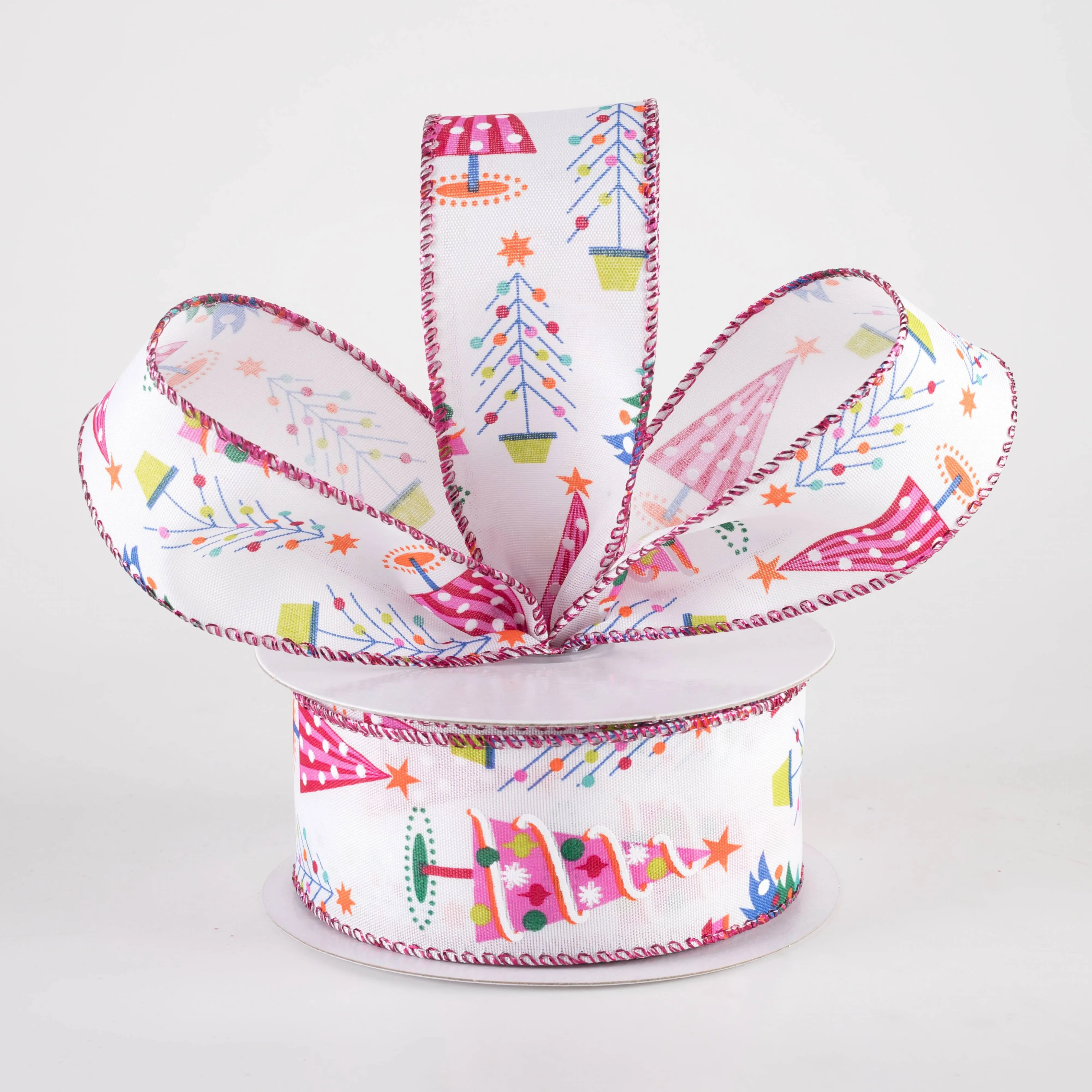 1.5" Fun Christmas Trees Ribbon: Pink Christmas (10 Yards)