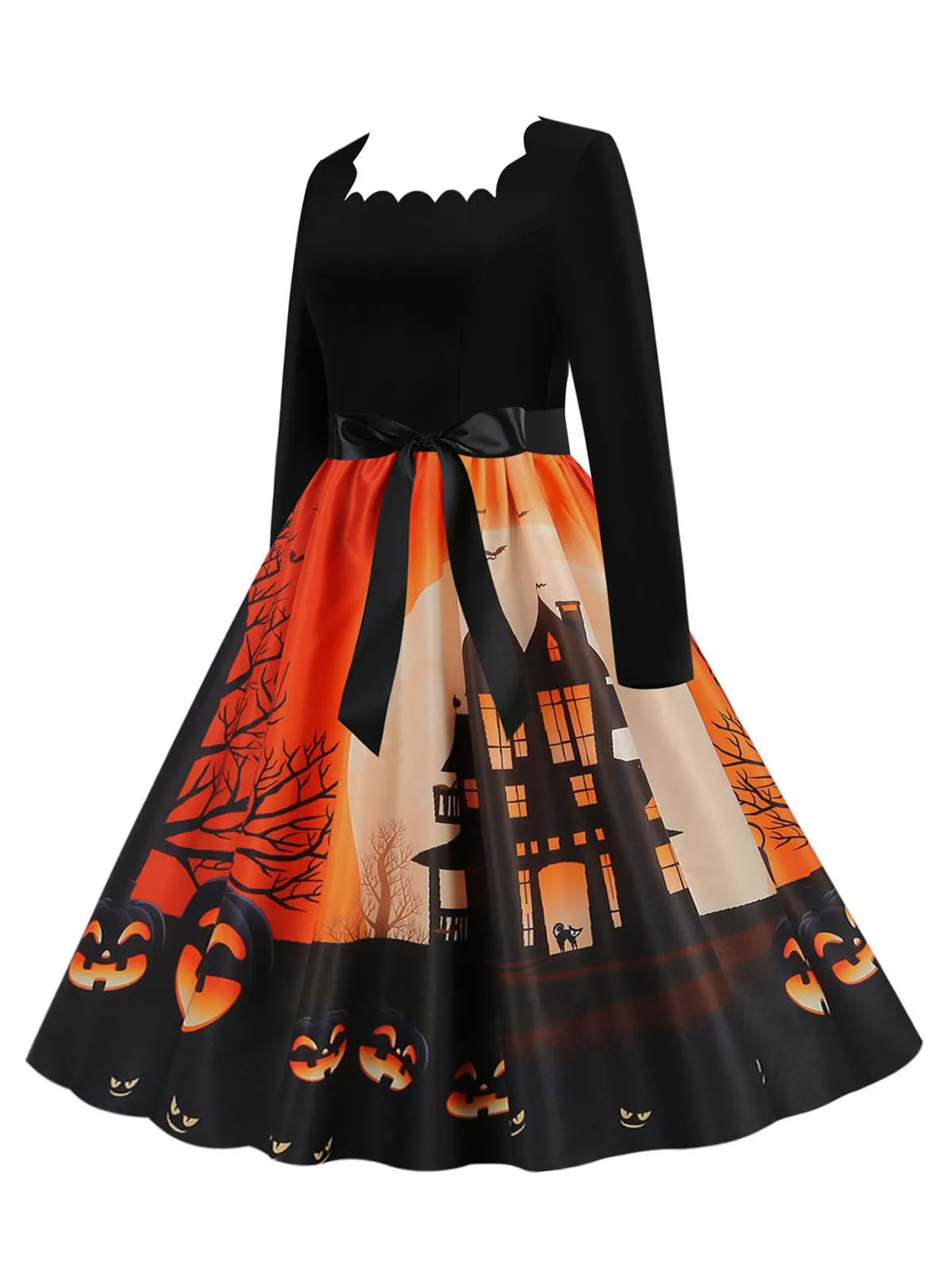 1950s Halloween Patchwork Long Sleeves Dress