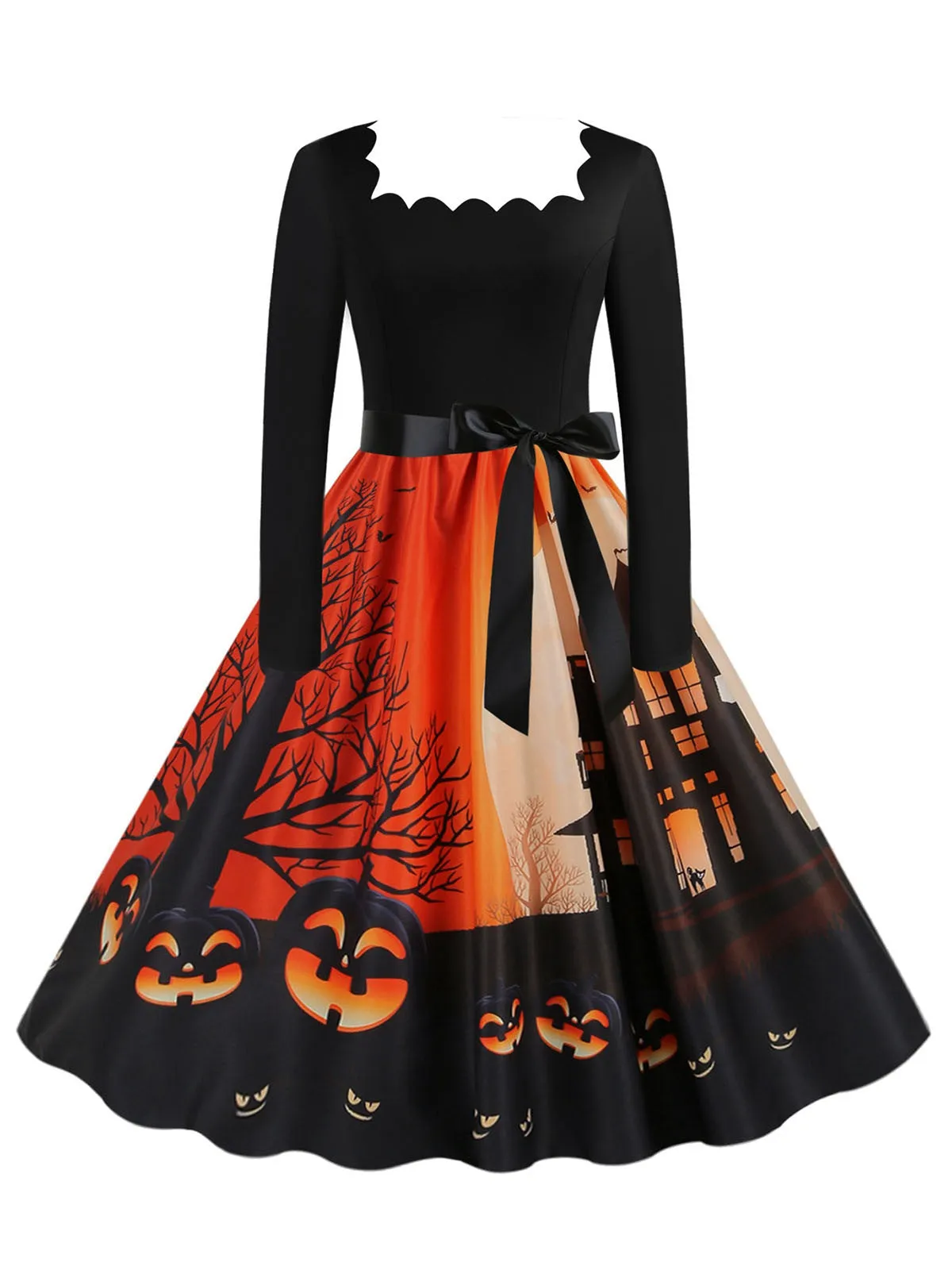 1950s Halloween Patchwork Long Sleeves Dress