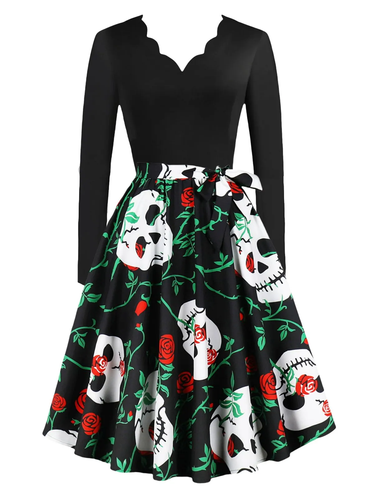 1950s Halloween Pattern Wave Neck Patchwork Dress