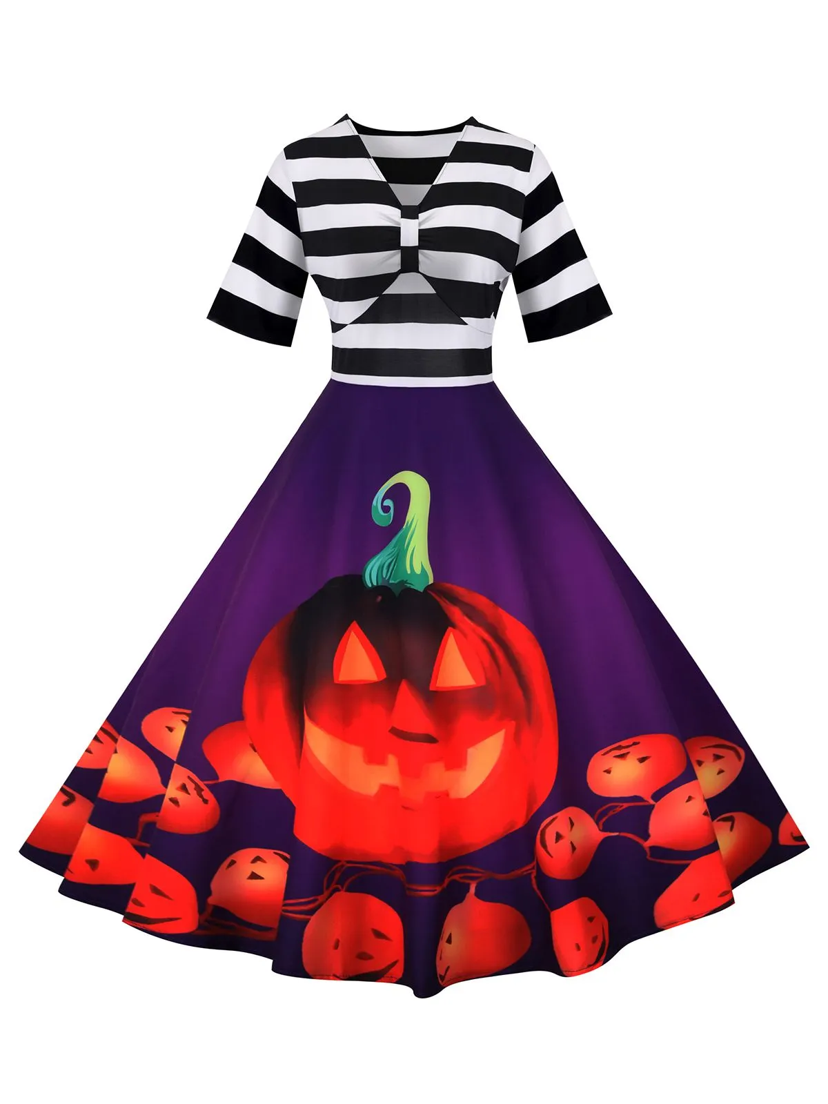 1950s Halloween Pumpkin Striped Patchwork Dress