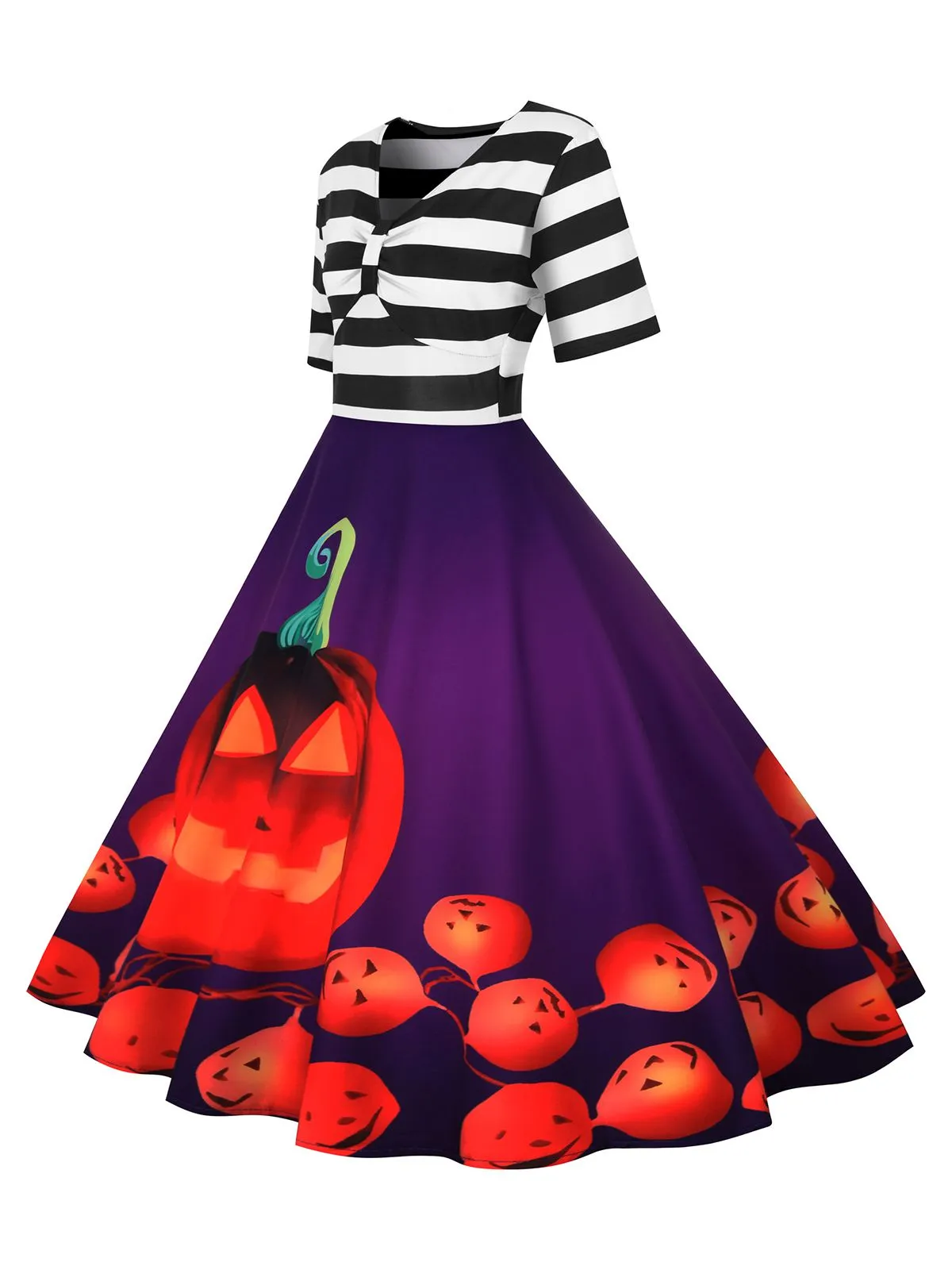 1950s Halloween Pumpkin Striped Patchwork Dress