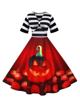 1950s Halloween Pumpkin Striped Patchwork Dress