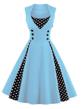 1950s Polka Dots Lapel Patchwork Swing Dress