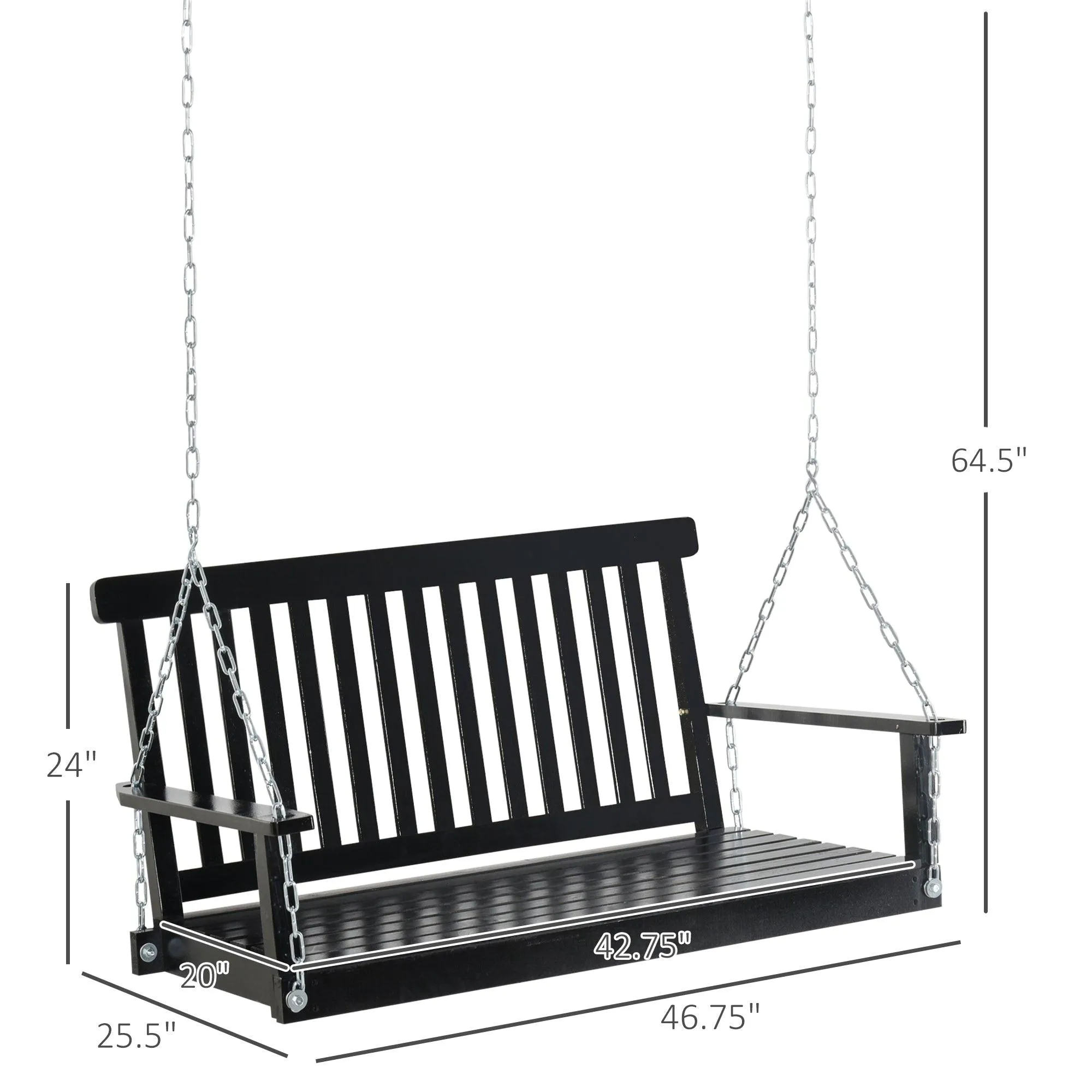 2-Seater Hanging Porch Swing, Slatted Build, 440 lbs Capacity, Black