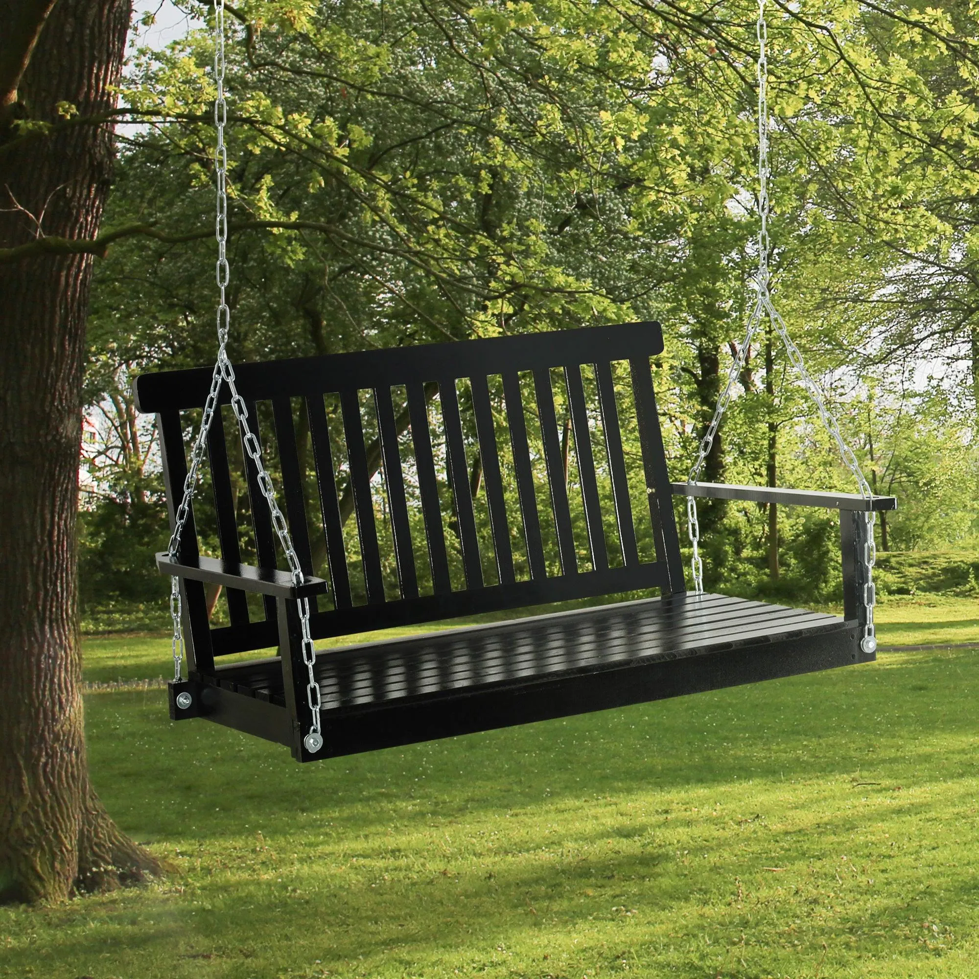 2-Seater Hanging Porch Swing, Slatted Build, 440 lbs Capacity, Black