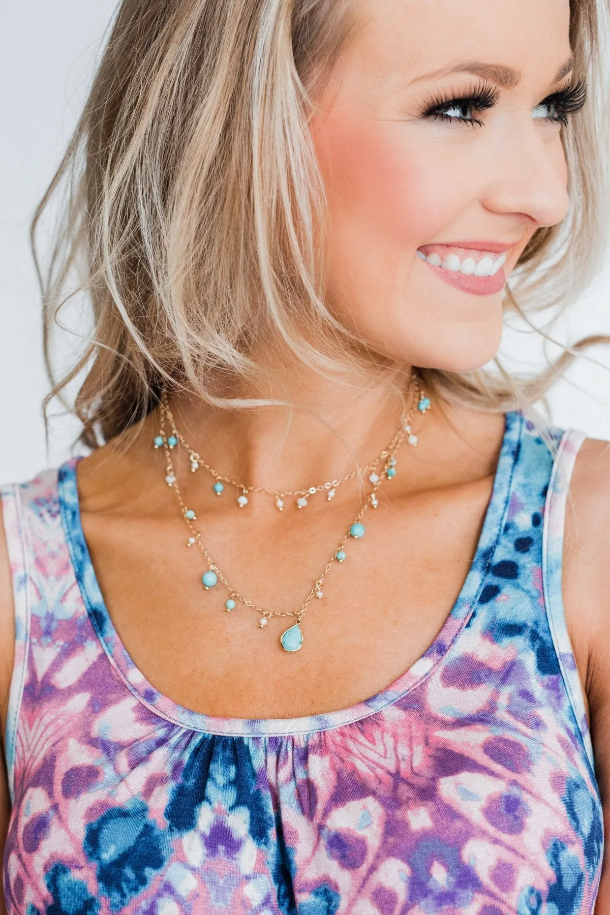 2 Tier Beaded Teardrop Necklace- Turquoise & Ivory