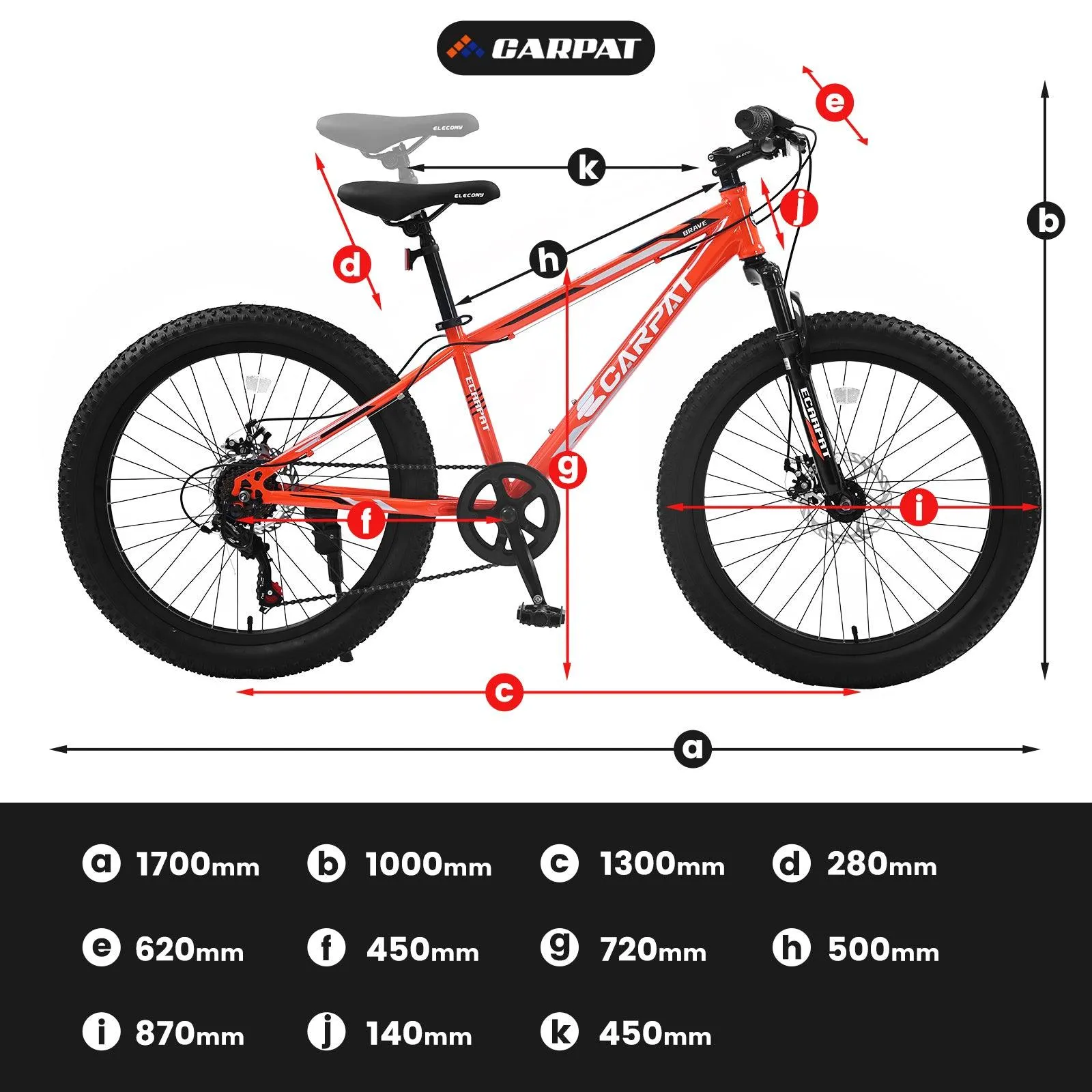 24" Fat Tire Red Mountain Bike, Shimano 7-Speed, Dual Disc Brakes, Steel Frame