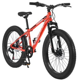 24" Fat Tire Red Mountain Bike, Shimano 7-Speed, Dual Disc Brakes, Steel Frame