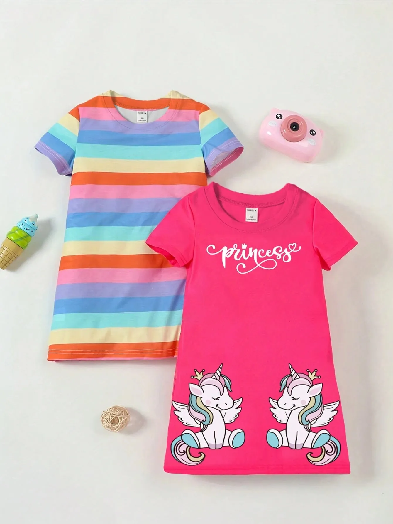 2pcs/Set Fashionable & Lovely Unicorn & Letter Print Short Sleeve T-Shirt Dress For Toddler Girls