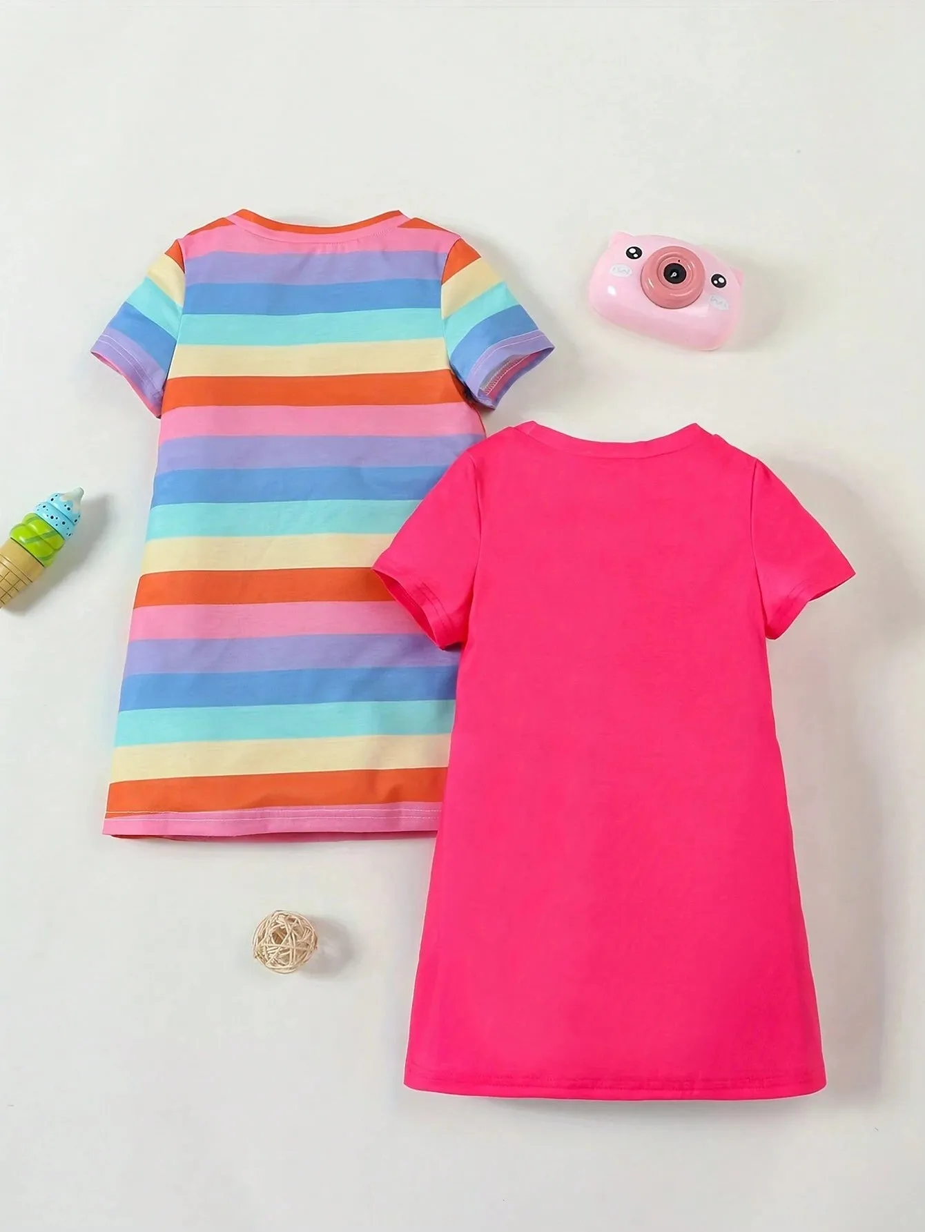 2pcs/Set Fashionable & Lovely Unicorn & Letter Print Short Sleeve T-Shirt Dress For Toddler Girls