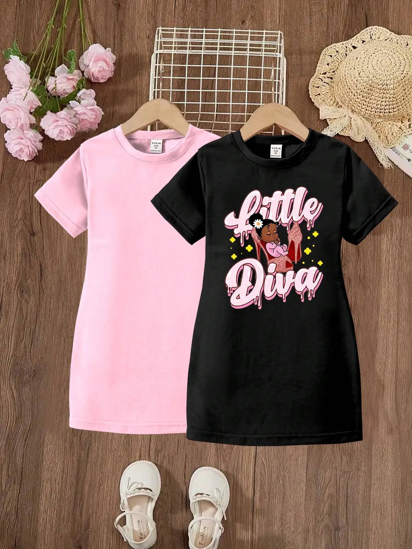 2pcs/Set Fashionable Multicolored High Heels Printed Short-Sleeved T-Shirt Dress With Cute Girl And Letter Pattern For Toddler Girls