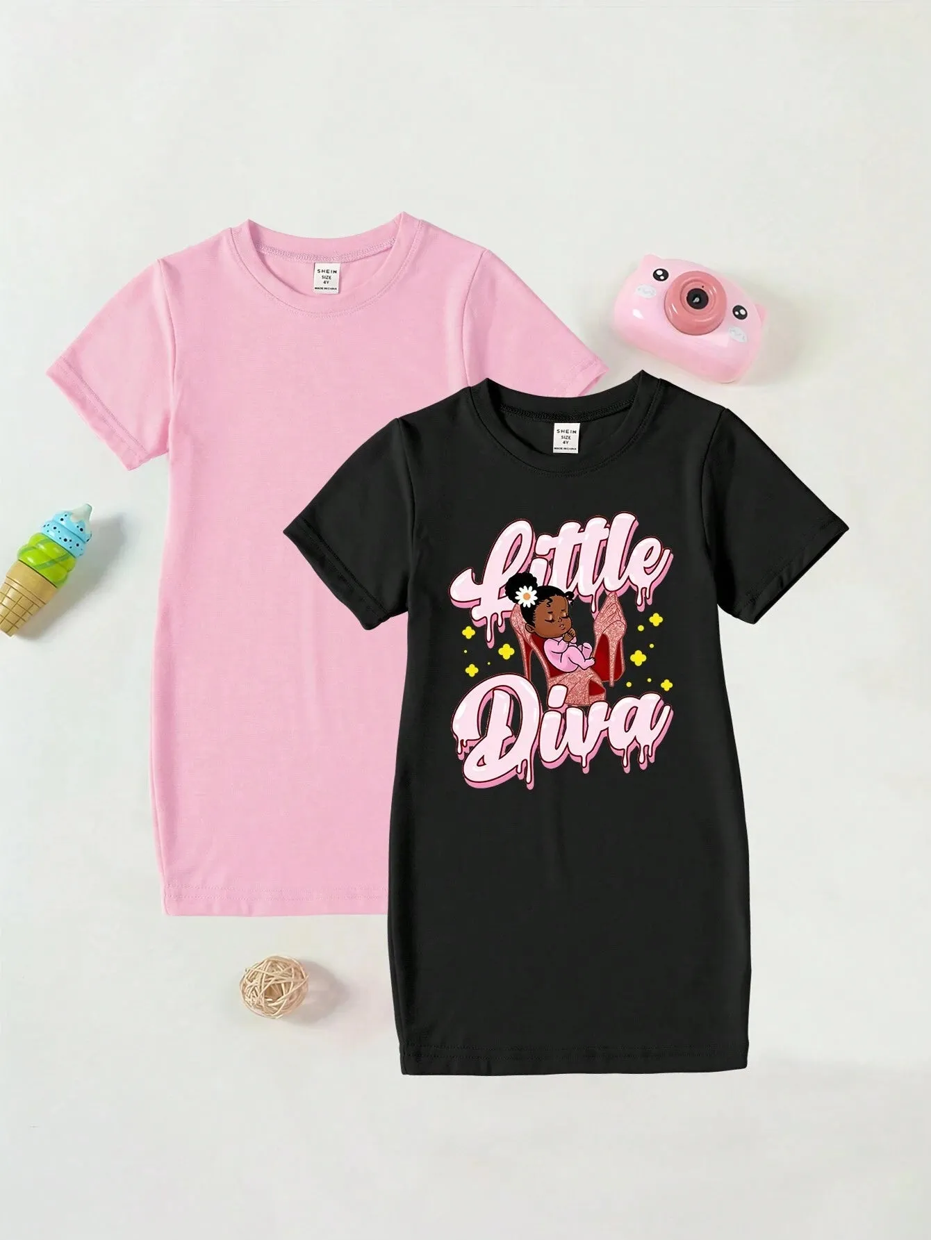 2pcs/Set Fashionable Multicolored High Heels Printed Short-Sleeved T-Shirt Dress With Cute Girl And Letter Pattern For Toddler Girls