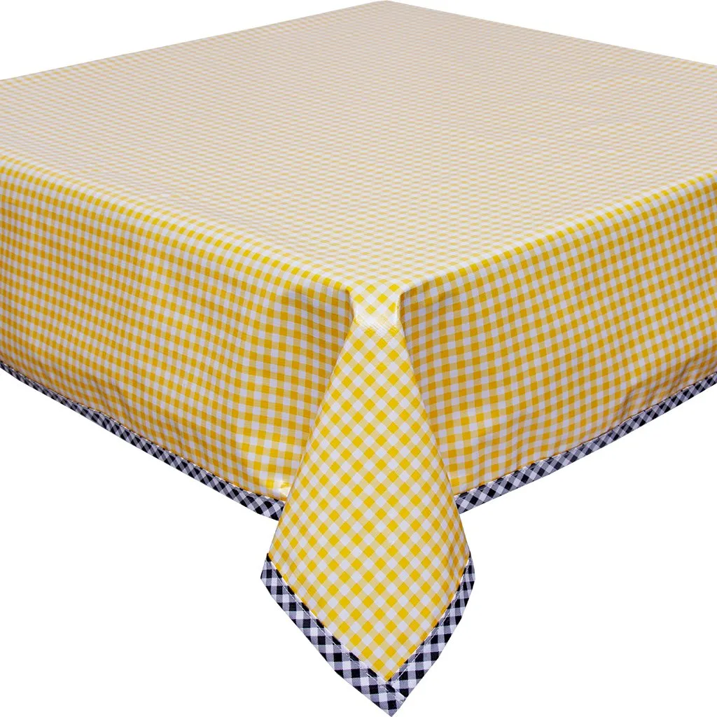 48 x 50 Gingham Yellow Oilcloth Tablecloth with Black Gingham Trim