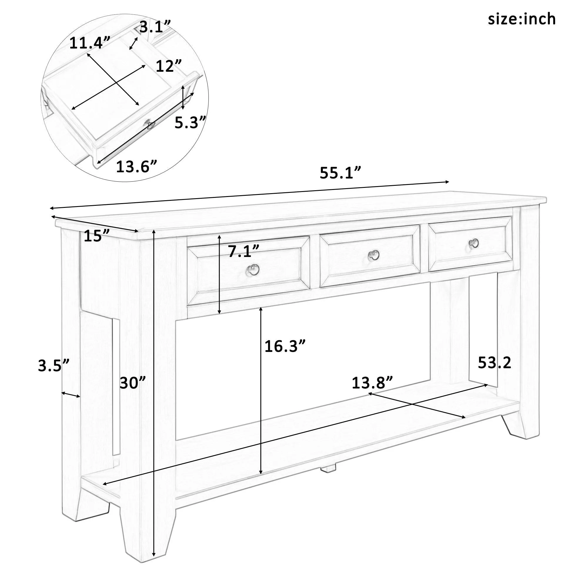 55" Modern Console Table with 3 Drawers and 1 Shelf