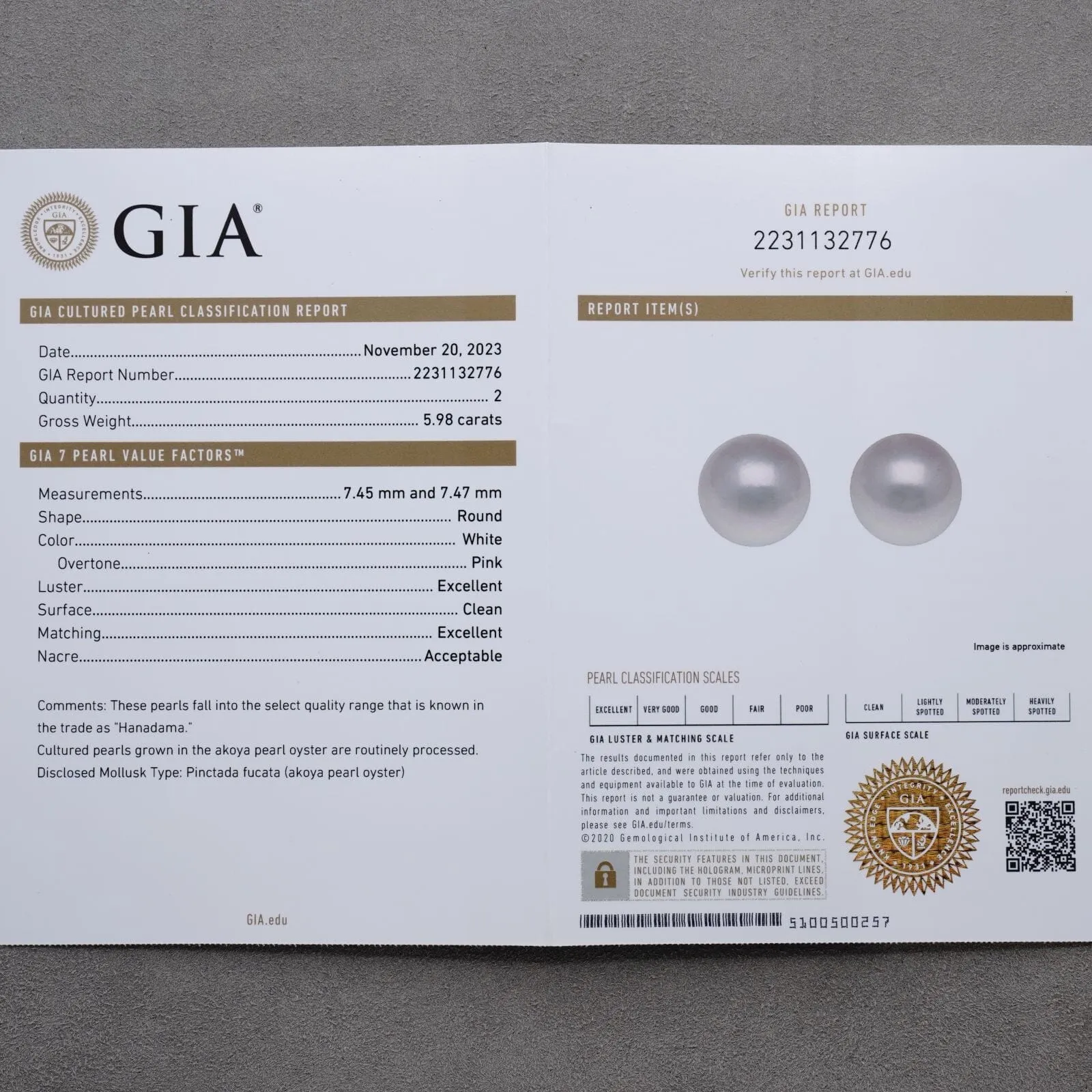 7.45 and 7.47 mm GIA Certified Hanadama Akoya Pearl Stud Earrings