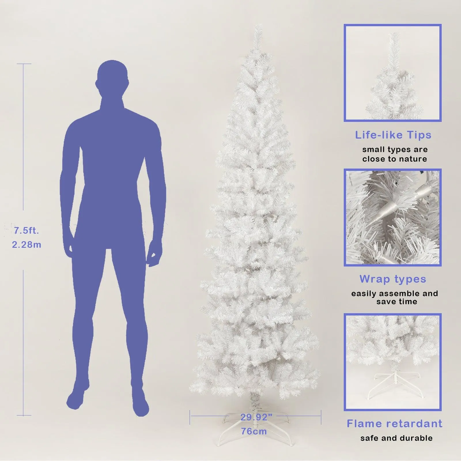 7.5FT White Slim Artificial Christmas Tree  Includes Foldable Metal Stand