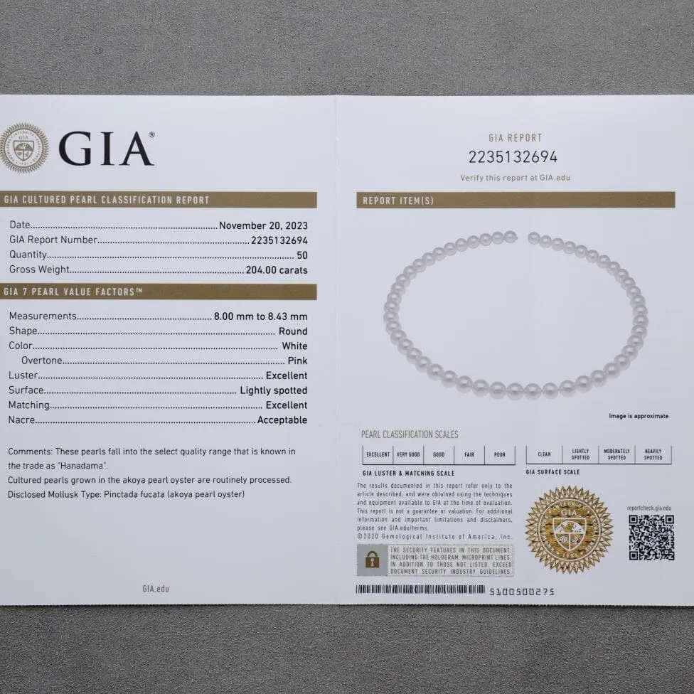 8.0-8.43 mm GIA Certified Hanadama Akoya Pearl Necklace