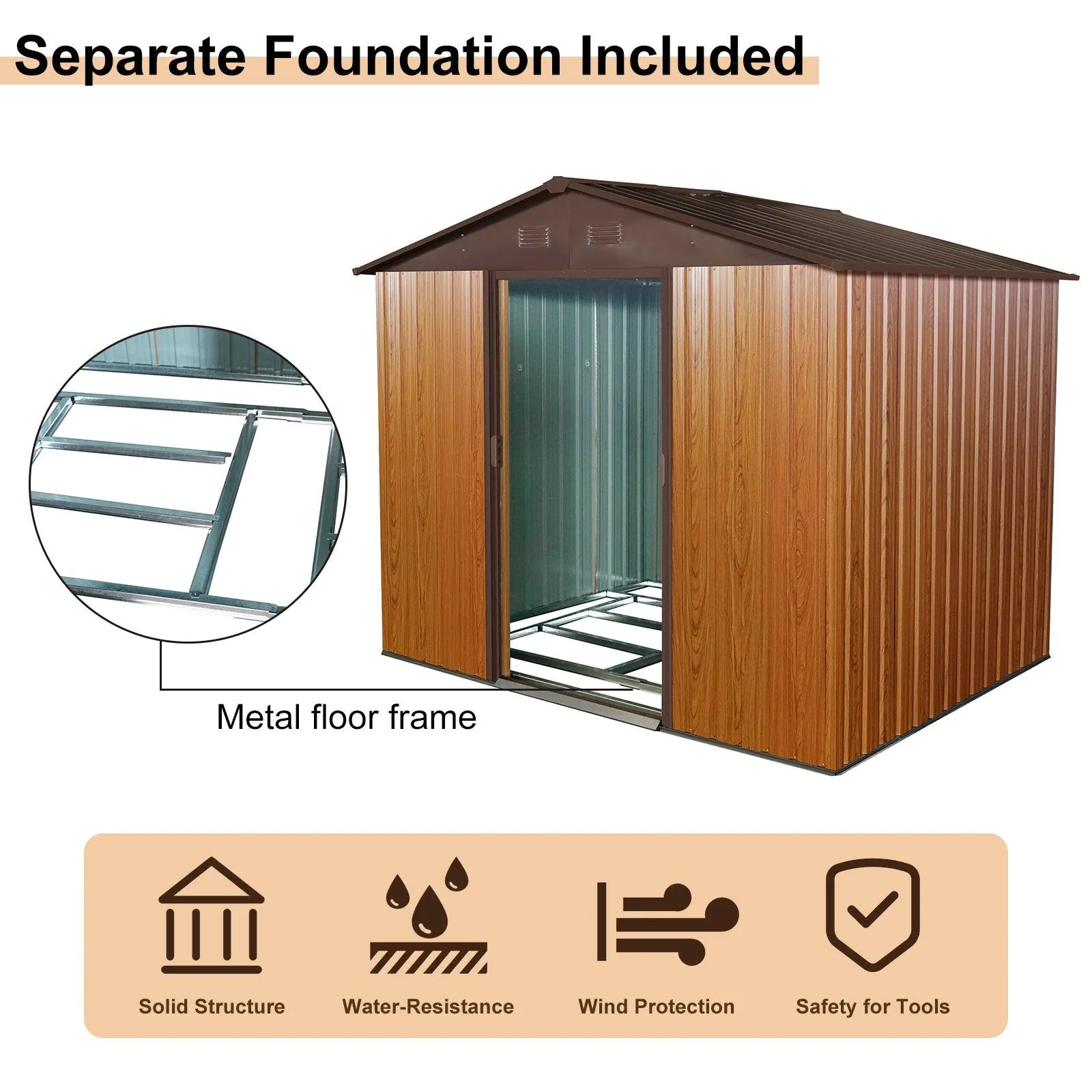 8ft x 6ft Outdoor Metal Storage Shed with Floor Base,Coffee