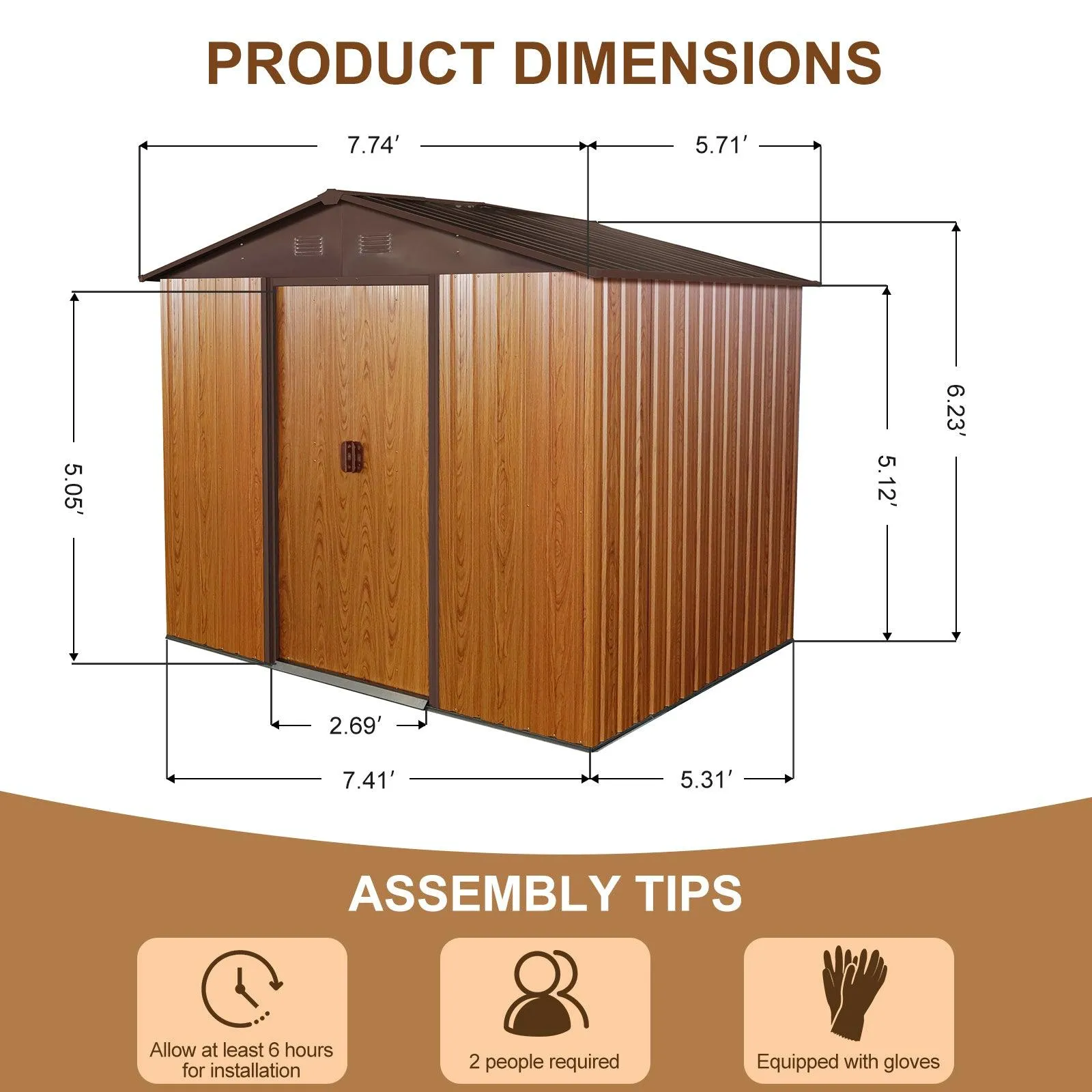 8ft x 6ft Outdoor Metal Storage Shed with Floor Base,Coffee