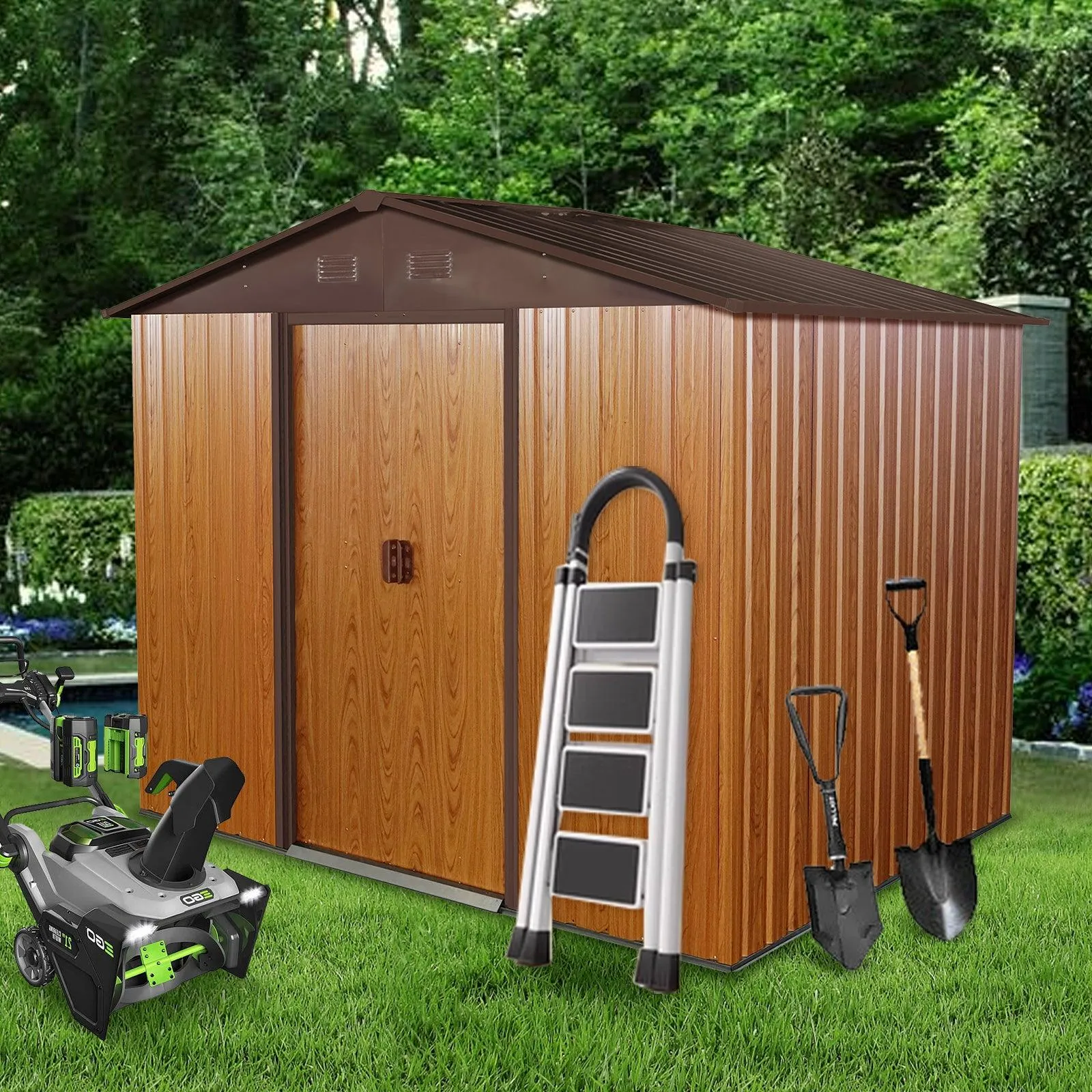 8ft x 6ft Outdoor Metal Storage Shed with Floor Base,Coffee