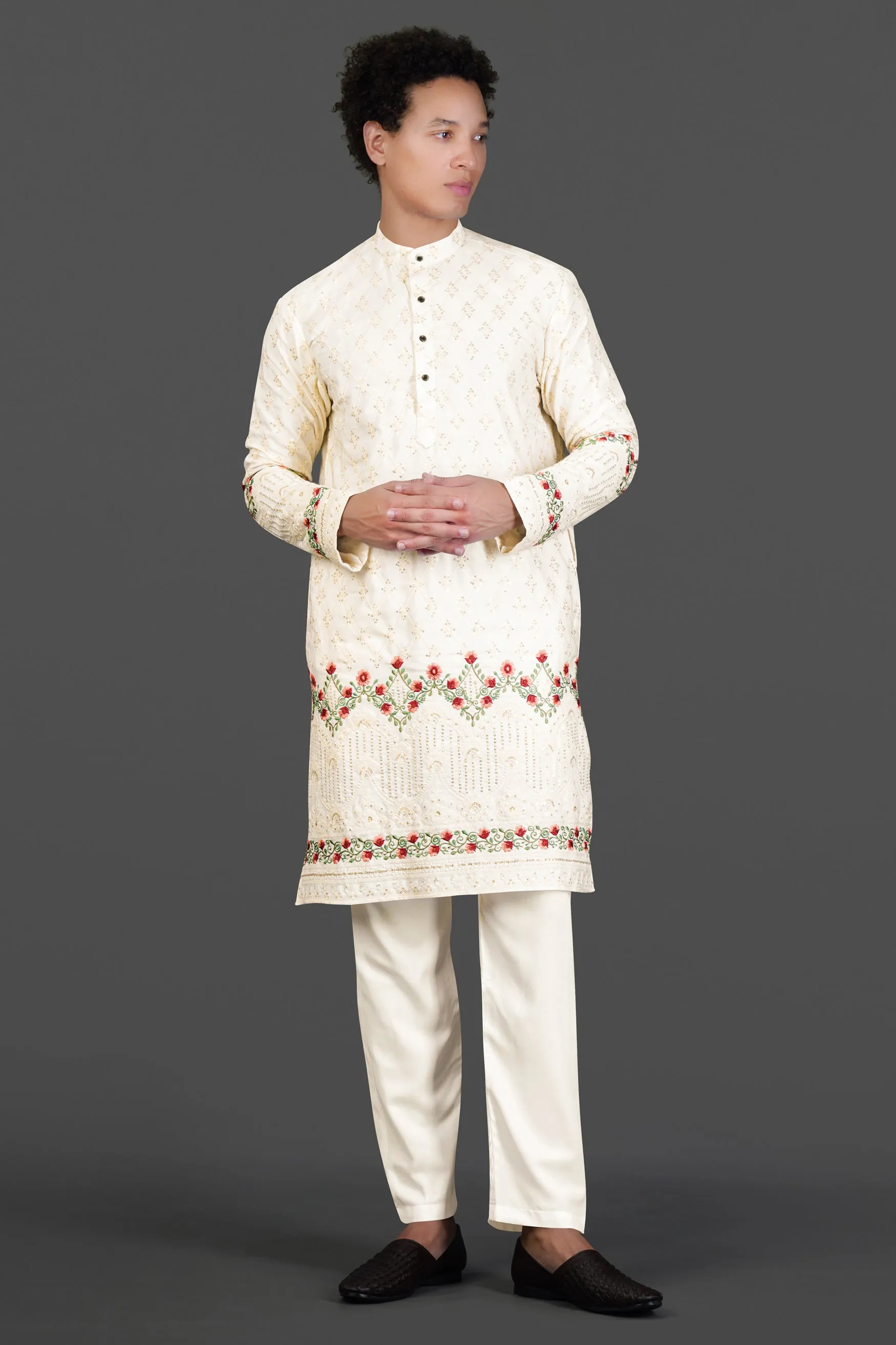 Albescent Cream Floral Multi Colour Thread and Sequin Embroidered Designer Kurta