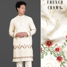 Albescent Cream Floral Multi Colour Thread and Sequin Embroidered Designer Kurta