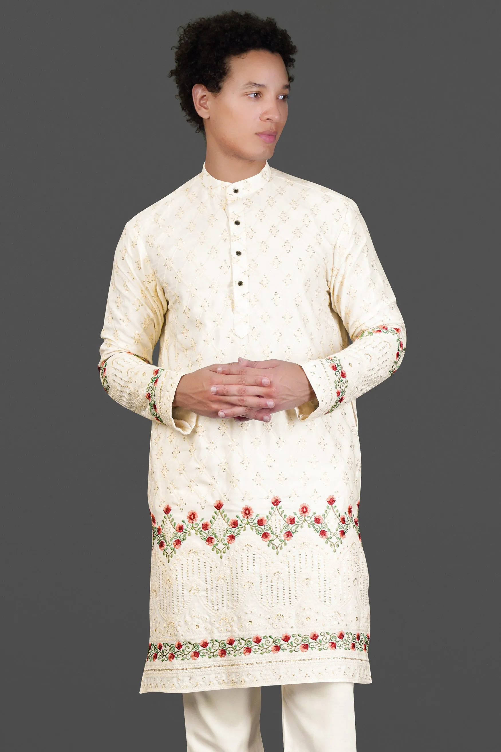 Albescent Cream Floral Multi Colour Thread and Sequin Embroidered Designer Kurta