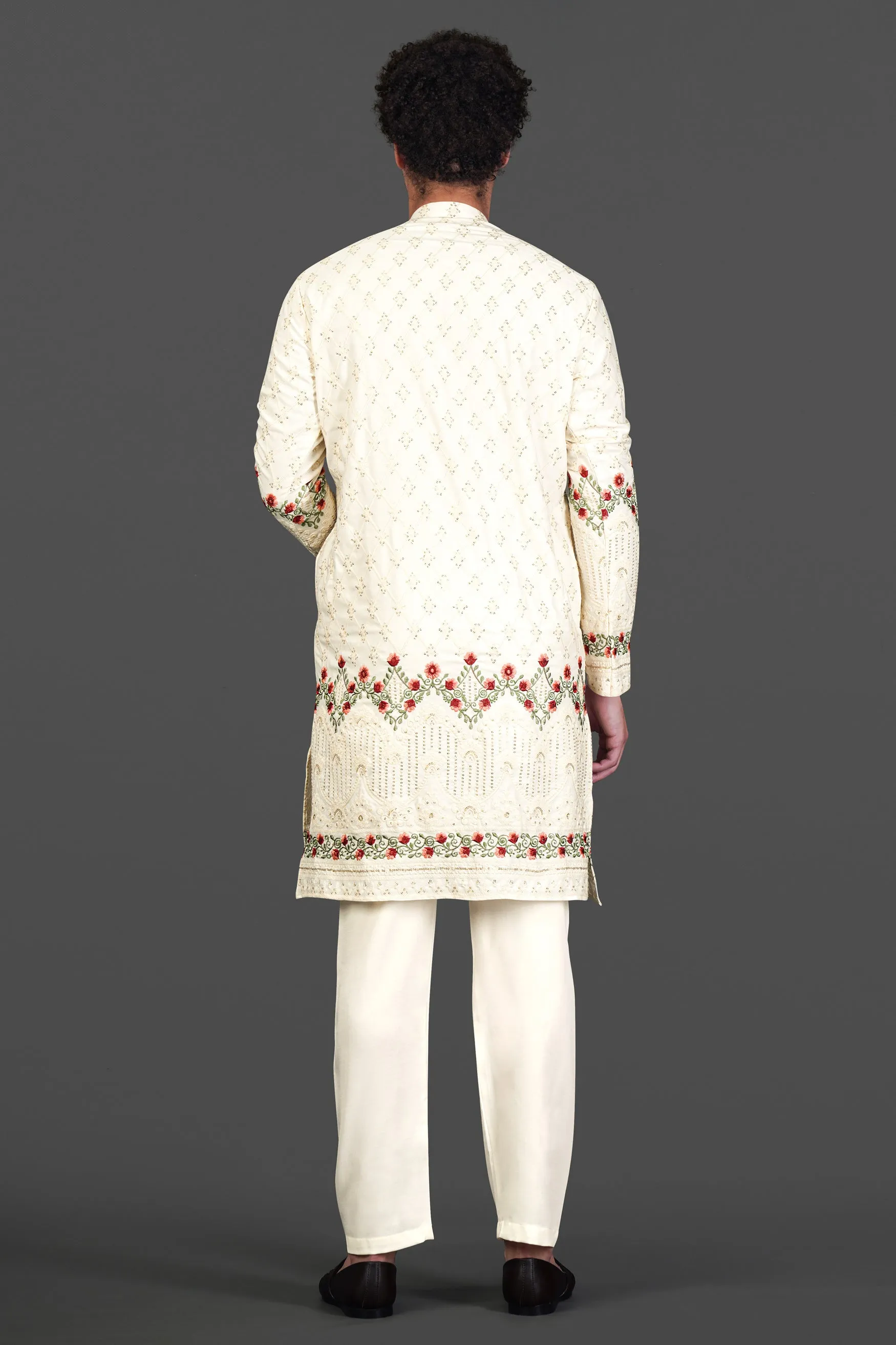 Albescent Cream Floral Multi Colour Thread and Sequin Embroidered Designer Kurta