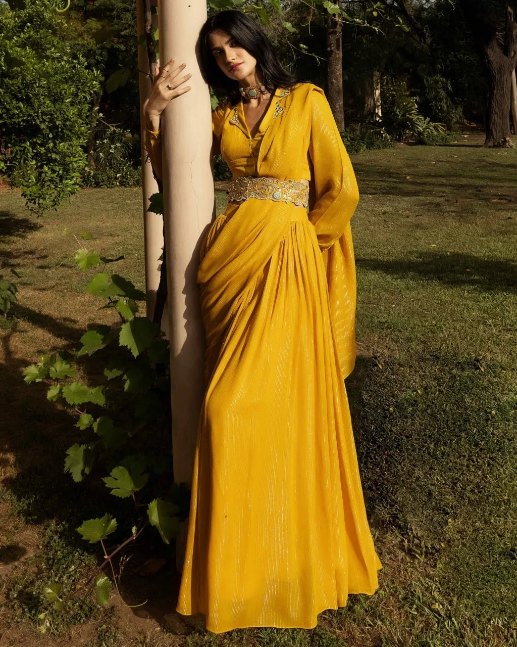 Amber Gharara Collared Sari Set