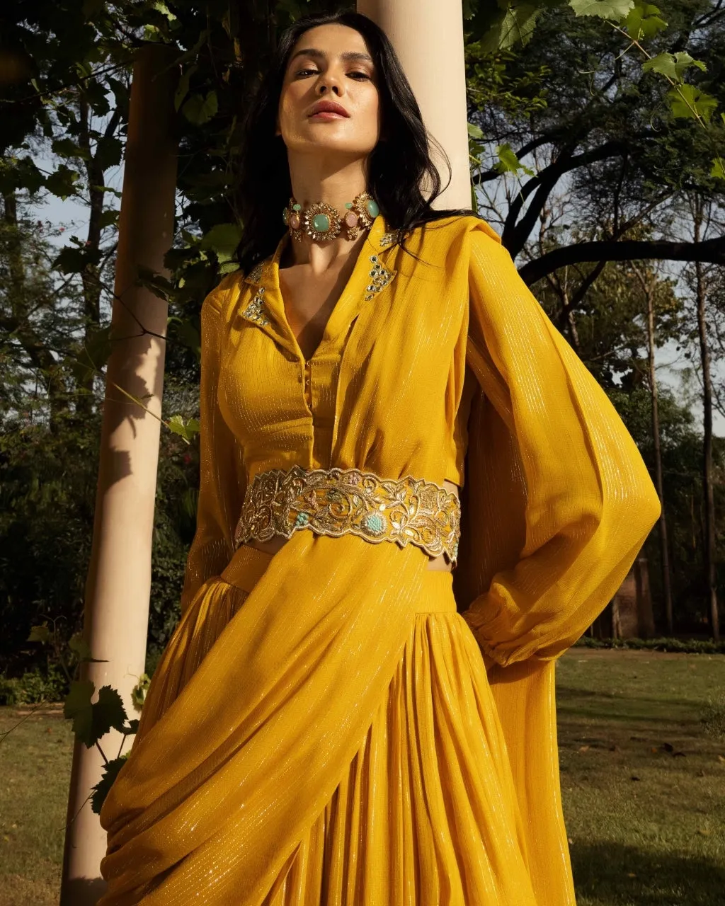 Amber Gharara Collared Sari Set